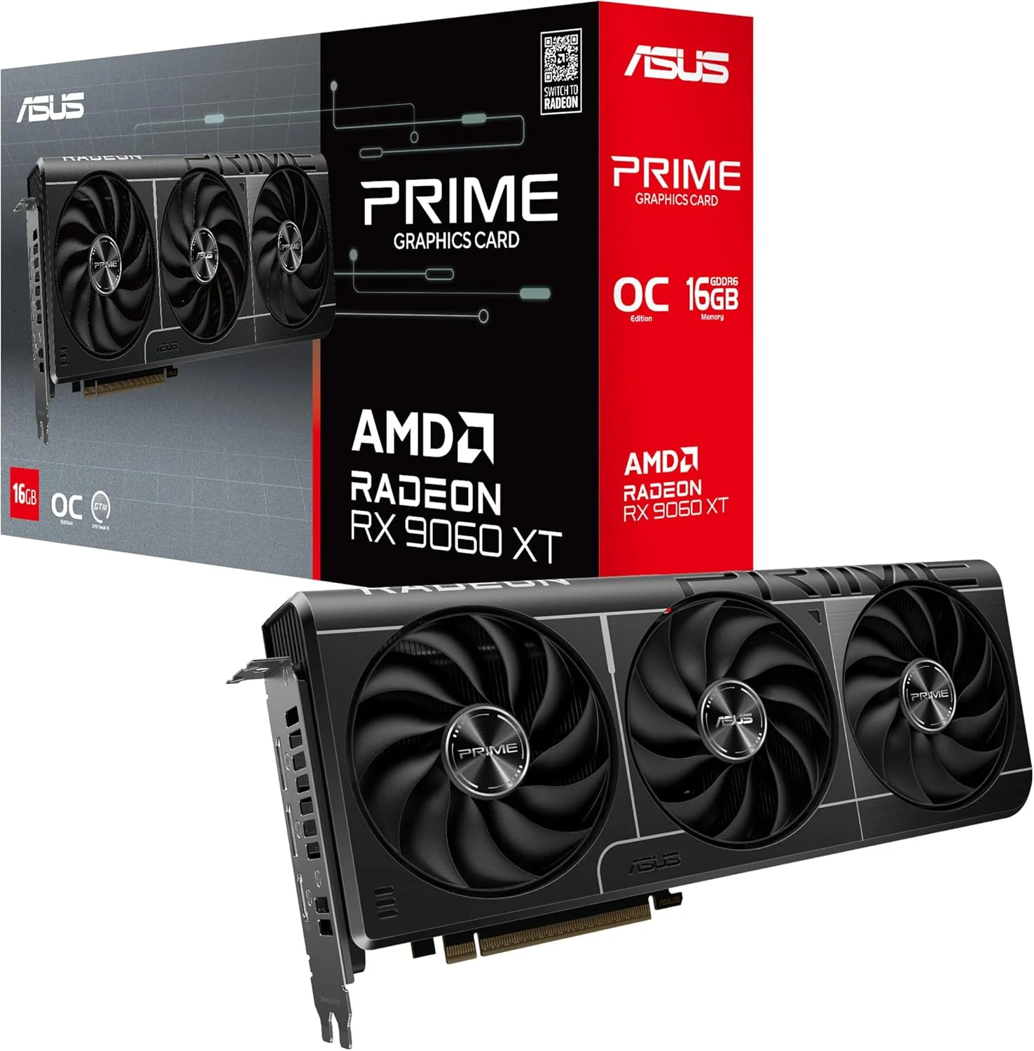 کارت گرافیک ایسوس Prime Radeon™ RX 9060 XT با 16 گیگابایت حافظه GDDR6 OC Edition (PCIe 5.0, HDMI/DP 2.1، طراحی 2.5 اسلات، فن های axial-tech، بلبرینگ های دوگانه فن، بایوس دوگانه، محافظ GPU)