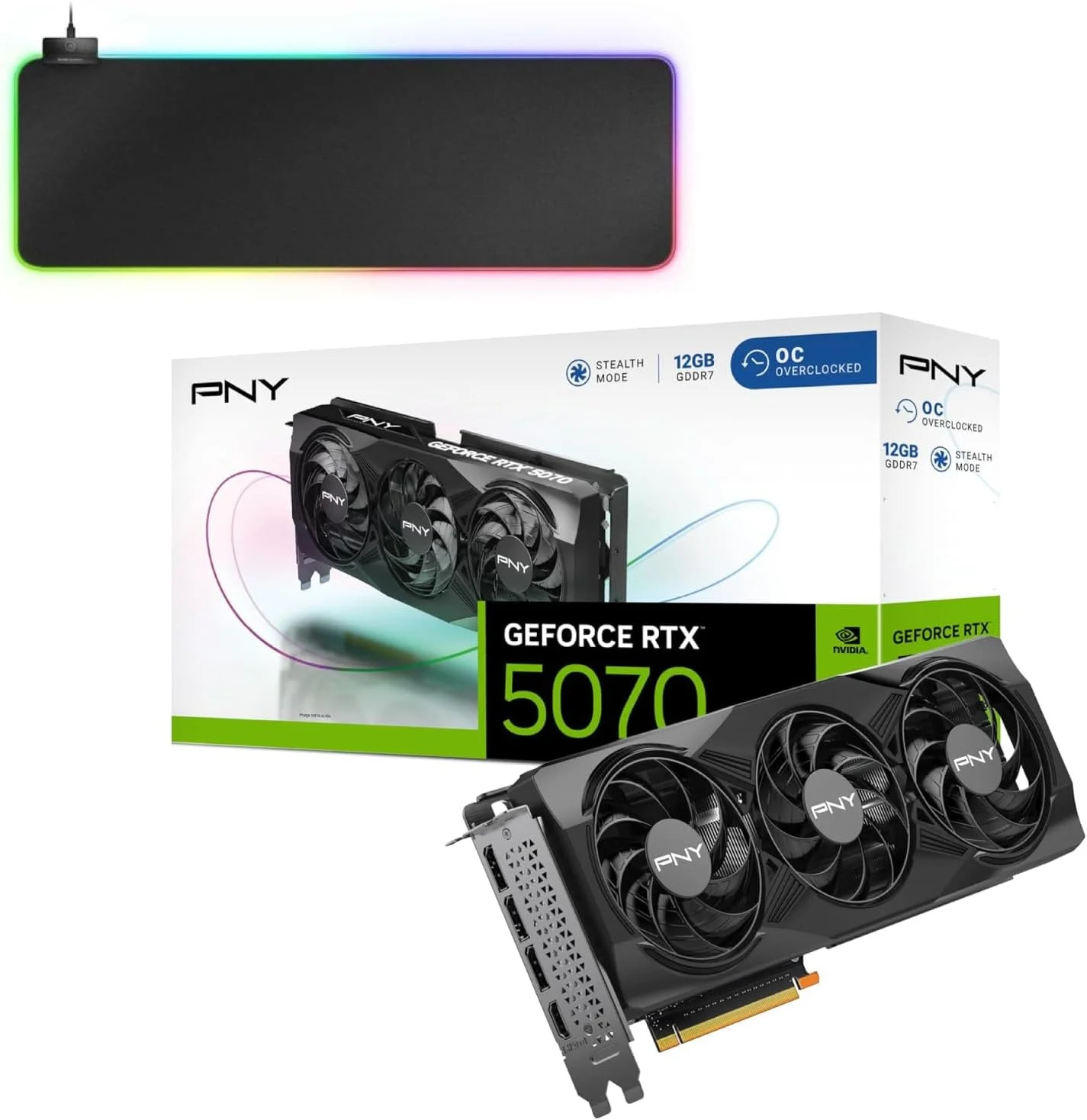 کارت گرافیک PNY GeForce RTX 5070 12GB OC با سه فن GDDR7 – DLSS 4، PCIe 5.0، Ray Tracing – پردازنده گرافیکی گیمینگ با عملکرد بالا + پد ماوس RGB Wave 1