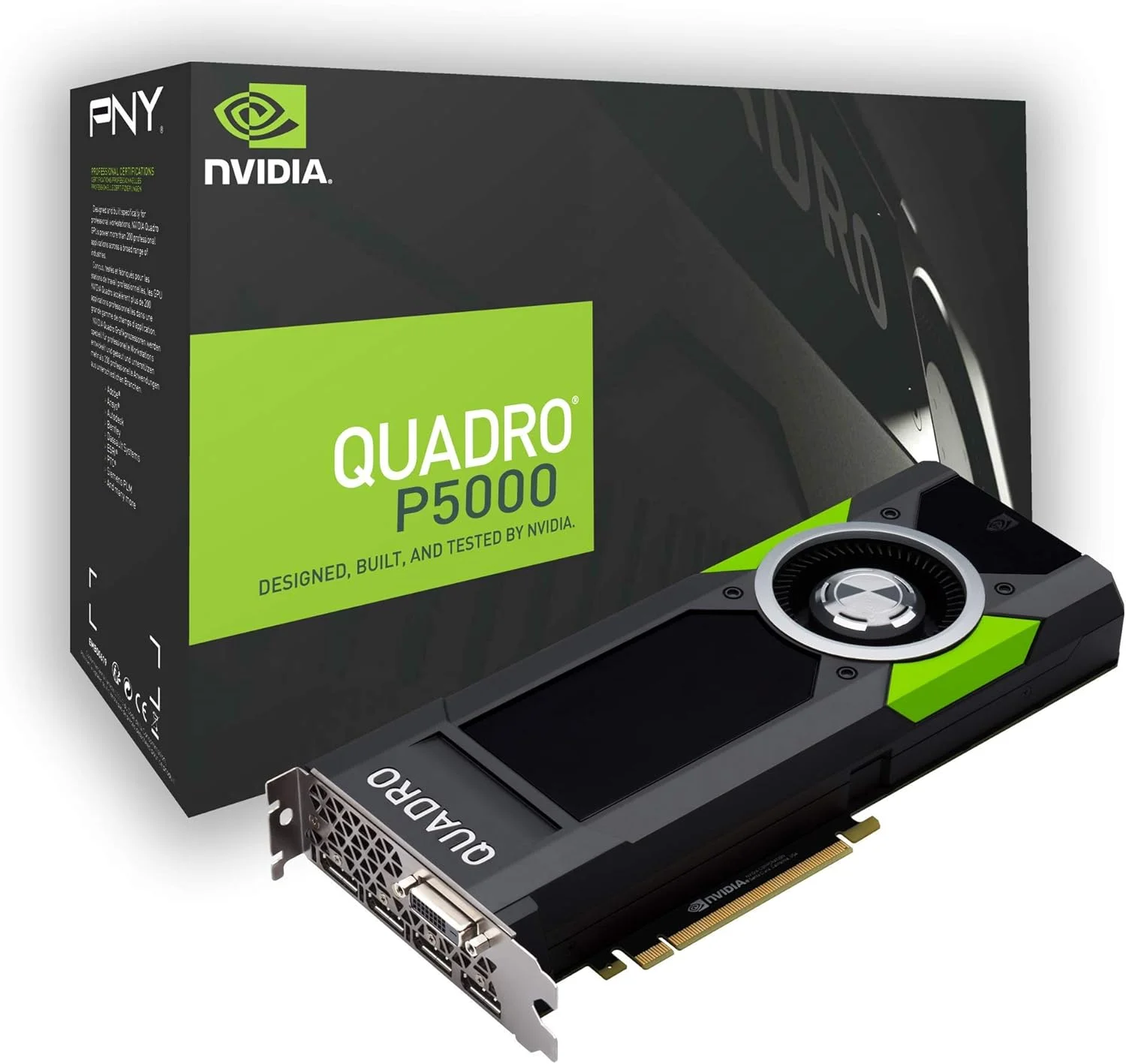 کارت گرافیک حرفه ای PNY Quadro P5000 با 16 گیگابایت حافظه GDDR5، PCI Express 3.0 x16، دو اسلات، 4 پورت DisplayPort، 1 پورت DVI-I DL، پشتیبانی از کیفیت 5K، فن فعال فوق العاده بی صدا