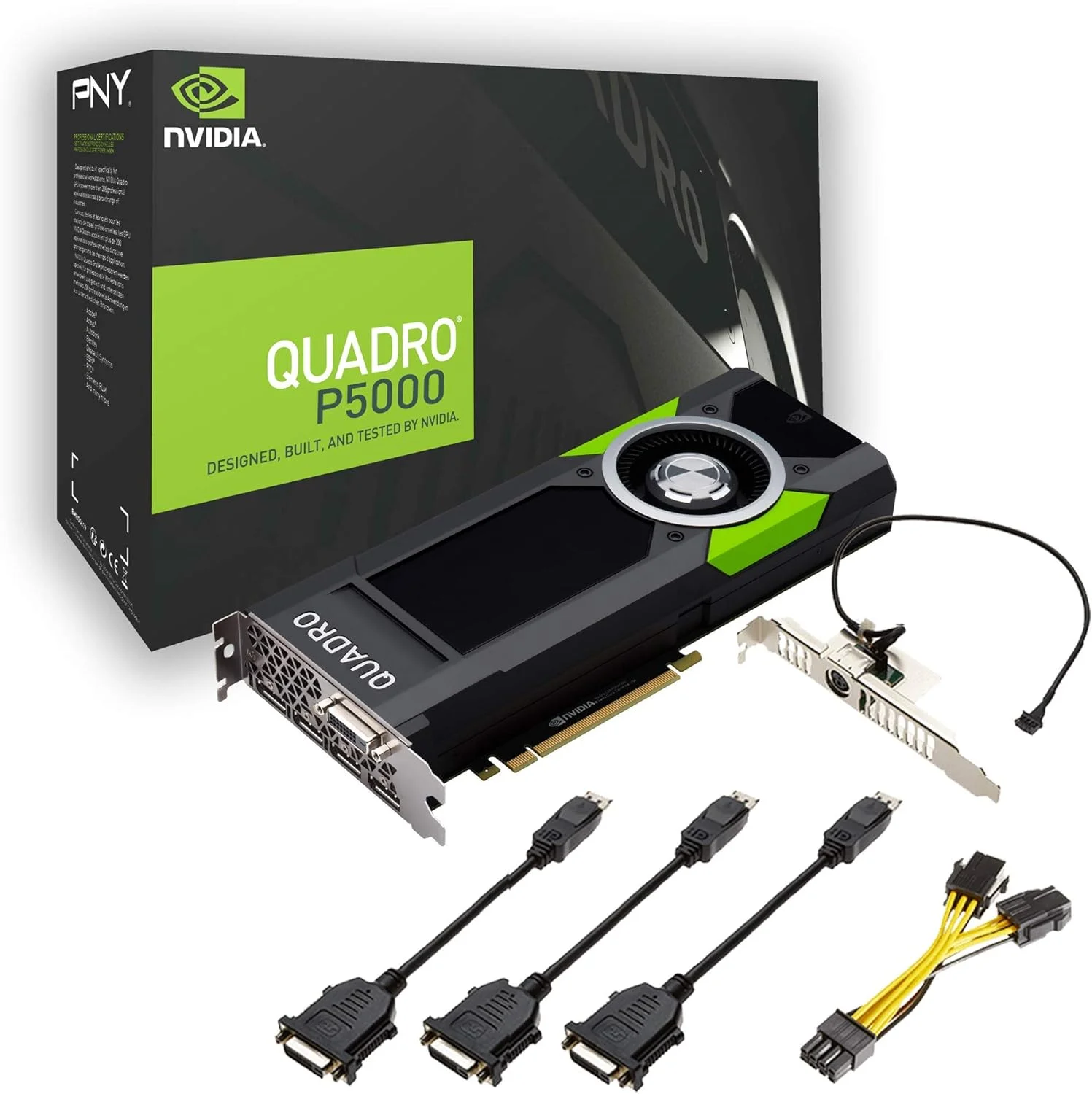 کارت گرافیک حرفه ای PNY Quadro P5000 با 16 گیگابایت حافظه GDDR5، PCI Express 3.0 x16، دو اسلات، 4 پورت DisplayPort، 1 پورت DVI-I DL، پشتیبانی از کیفیت 5K، فن فعال فوق العاده بی صدا