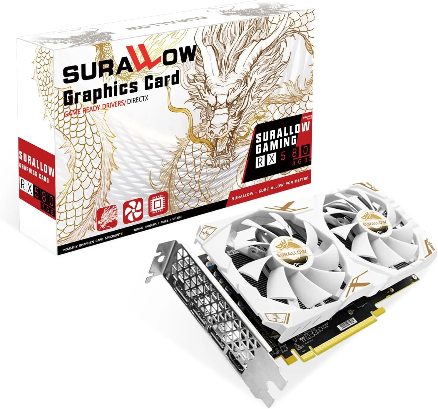 کارت گرافیک SURALLOW RX 580 8GB، 2048SP، GDDR5، 256 بیتی برای کامپیوتر گیمینگ، PCIE 3.0، کارت ویدیویی کامپیوتر با دو فن خنک کننده و پورت های HDMI/DP