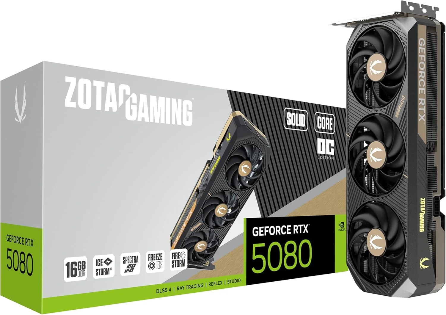 کارت گرافیک گیمینگ ZOTAC Gaming GeForce RTX 5080 Solid CORE OC DLSS 4 16GB GDDR7 256-bit 30 Gbps PCIE 5.0، خنک کننده پیشرفته IceStorm 3.0، نورپردازی Spectra RGB، ZT-B50800J2-10P