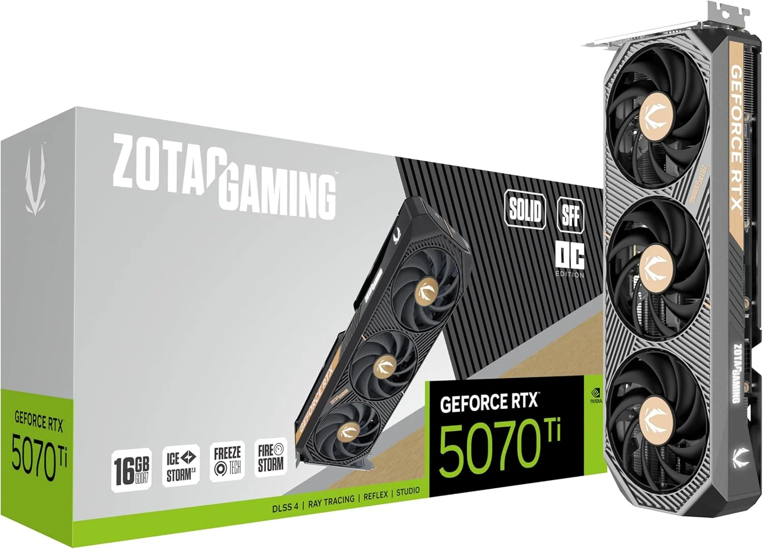 کارت گرافیک گیمینگ ZOTAC Gaming GeForce RTX 5070 Ti Solid SFF OC DLSS 4 16GB GDDR7 256-bit 28 Gbps PCIE 5.0، خنک کننده پیشرفته IceStorm 2.0، ZT-B50710J3-10P