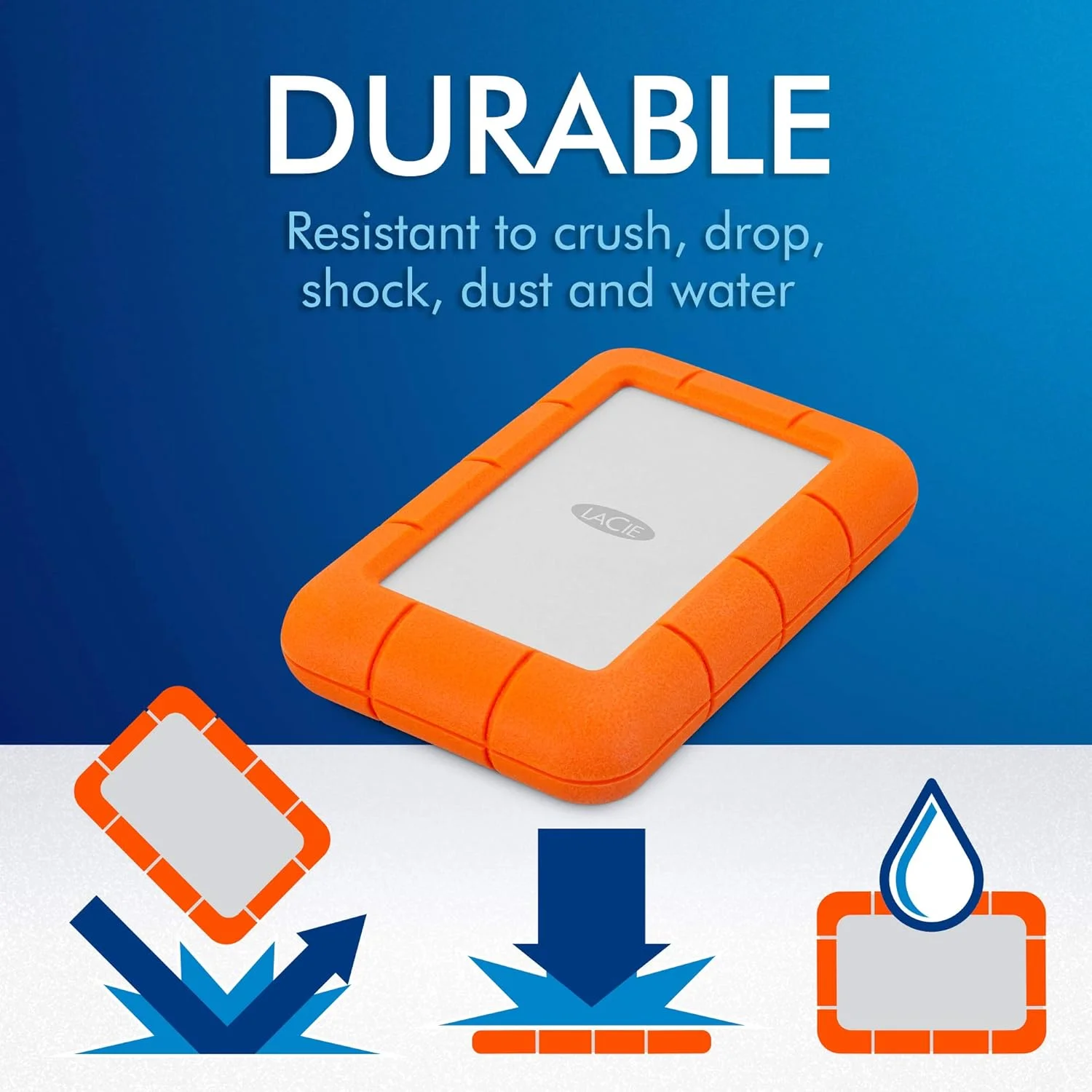 هارد اکسترنال قابل حمل LaCie Rugged Mini با ظرفیت 2 ترابایت، USB 3.0، مقاوم در برابر ضربه، سقوط و فشار، مناسب برای PC و Mac (LAC9000298)