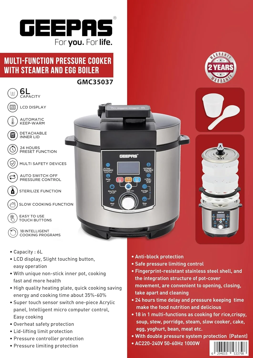 زودپز چندکاره Geepas | با بخارپز و تخم مرغ پز | GMC35037 | قابلمه نچسب | تایمر تاخیر 24 ساعته | 18 عملکرد چندگانه | پخت برنج، ترد، سوپ، خورش، فرنی، بخارپز، گرم کردن زودپز چندکاره Geepas | با بخارپز و تخم مرغ پز | GMC35037 | قابلمه نچسب | تایمر تاخیر 24 ساعته | 18 عملکرد چندگانه | پخت برنج، ترد، سوپ، خورش، فرنی، بخارپز، گرم کردن