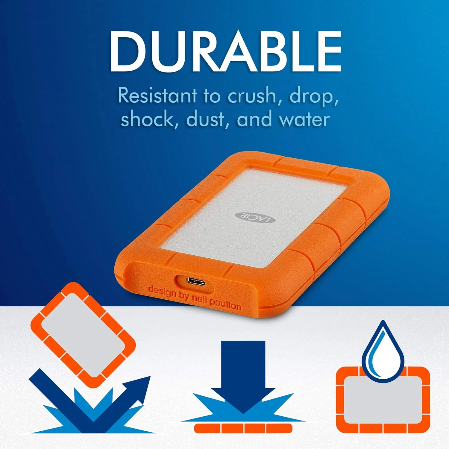 هارد اکسترنال LACIE Rugged USB-C (مدل STFR5000800) به همراه کیف حمل هارد دیسک قابل حمل و جمع و جور، 5000 گیگابایت، نقره ای/نارنجی