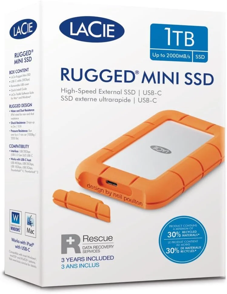 هارد اکسترنال SSD لسی Rugged Mini با ظرفیت 1 ترابایت، سرعت 40 گیگابیت بر ثانیه، 2.000 مگابایت بر ثانیه، سازگار با PC، Mac، iPad و iPhone، دارای خدمات بازیابی اطلاعات (STMF1000400)