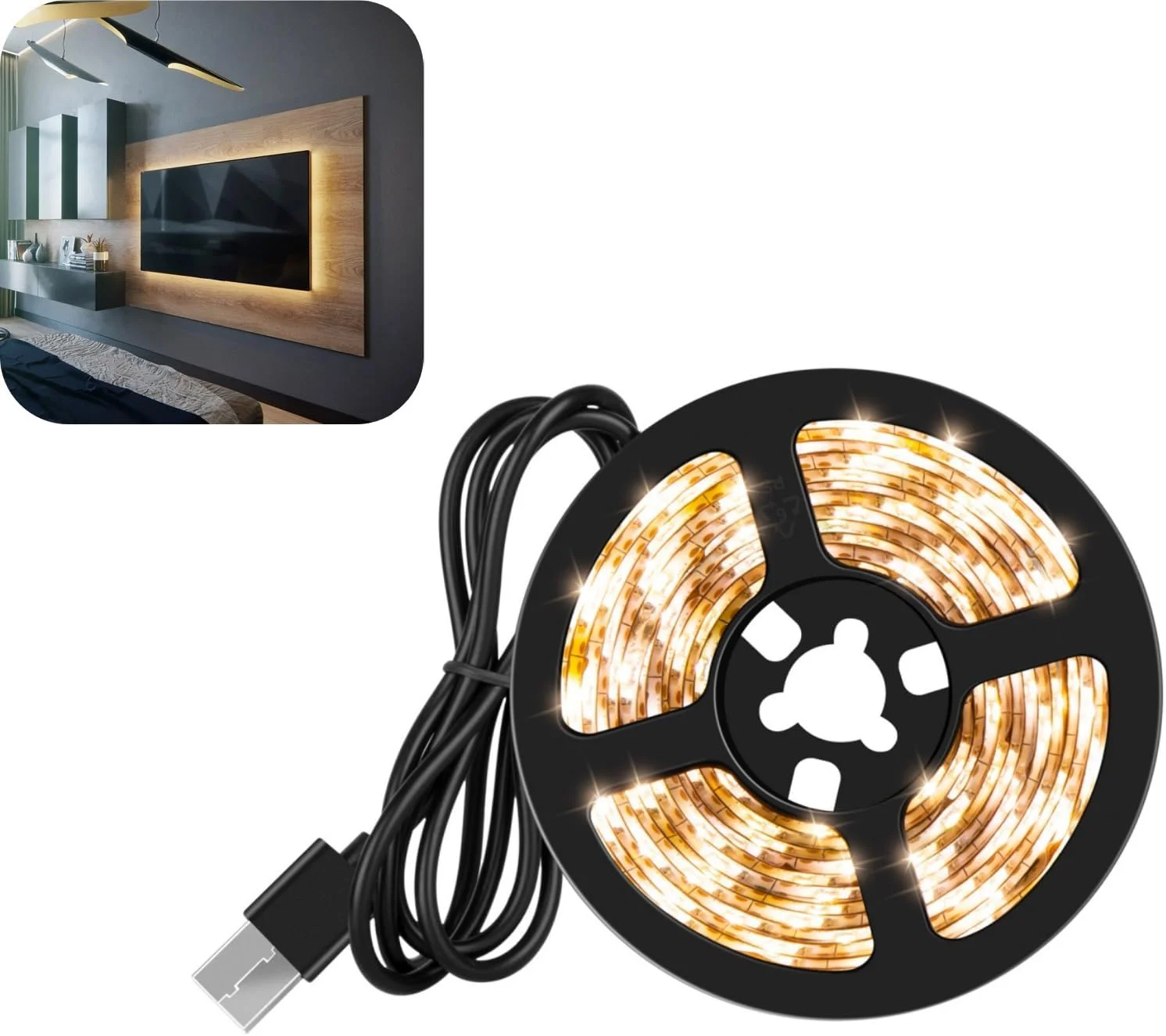نوار LED 5 متری سفید گرم، نوار چراغ USB فوق العاده روشن و انعطاف پذیر، نوار نور تزئینی خود چسب، نوار LED قابل برش برای نور پس زمینه تلویزیون/اتاق خواب/کابینت/آشپزخانه و دکوراسیون DIY منزل