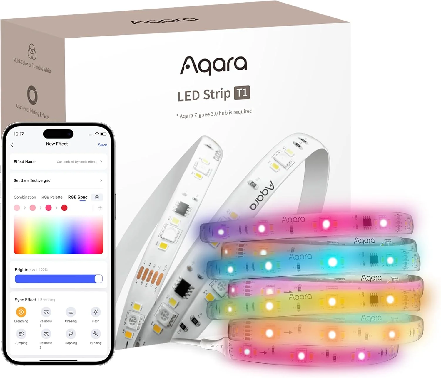 نوار LED هوشمند Aqara مدل T1 با Matter، نیازمند هاب Aqara Zigbee 3.0، عدم پشتیبانی از هاب‌های متفرقه، نوار LED RGB+IC به طول 6.5 فوت، 16 میلیون رنگ/سفید قابل تنظیم/افکت‌های گرادیانی، پشتیبانی از Apple Home و Alexa