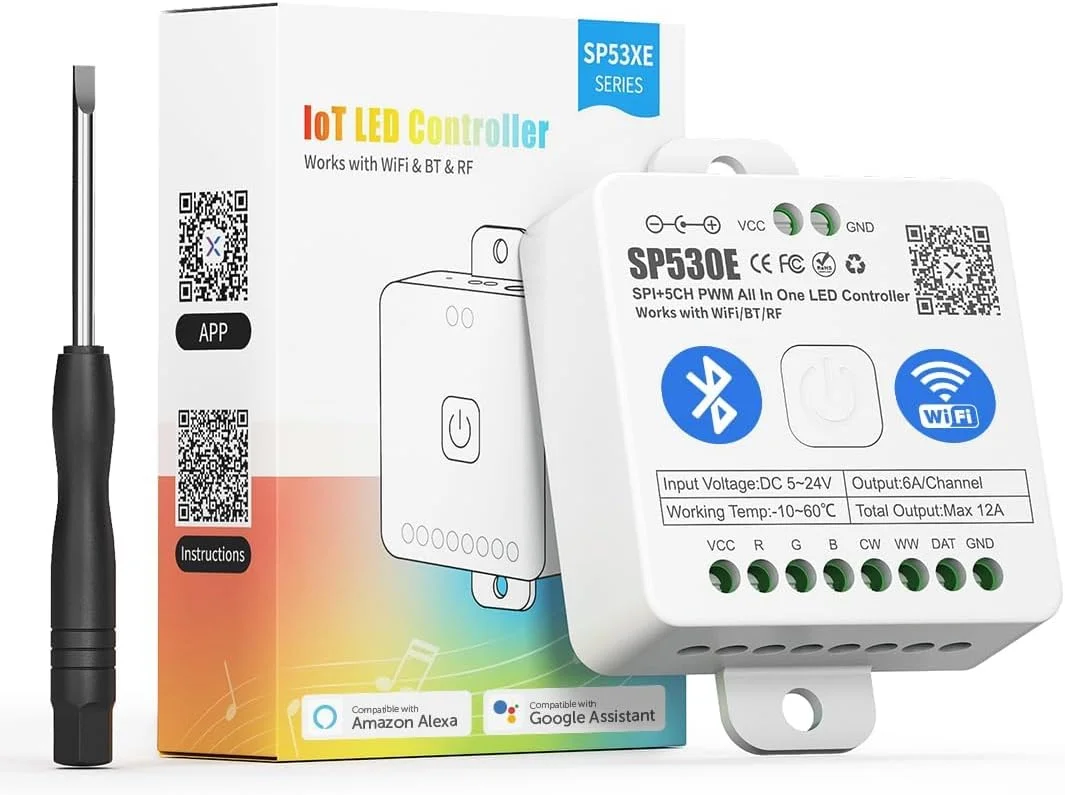 کنترلر LED وای فای الکسا بلوتوث Azonee SP530E پشتیبانی از PWM تک رنگ CCT RGB RGBW RGBCCT یا SPI TTL IC Chip نوار LED/ماتریس WS2811 WS2812B WS2813 WS2814 WS2815 SK6812 و غیره DC5V DC12V DC24V