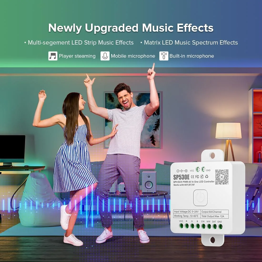 کنترلر LED وای فای الکسا بلوتوث Azonee SP530E پشتیبانی از PWM تک رنگ CCT RGB RGBW RGBCCT یا SPI TTL IC Chip نوار LED/ماتریس WS2811 WS2812B WS2813 WS2814 WS2815 SK6812 و غیره DC5V DC12V DC24V