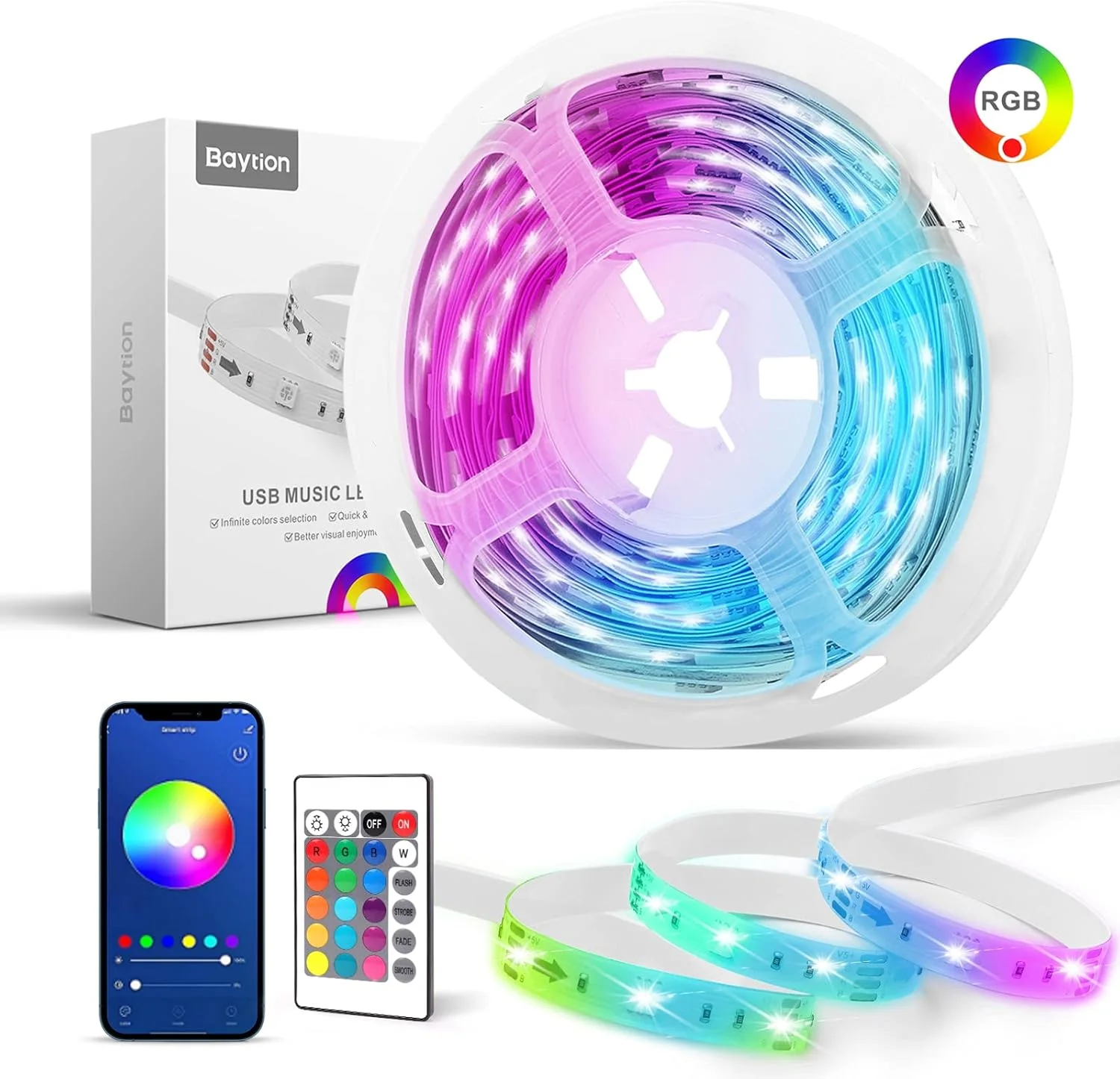 نوارهای نوری هوشمند LED Baytion، نوارهای چراغ LED هوشمند با کنترل برنامه 5050 RGB همگام سازی موسیقی تغییر رنگ و کنترل از راه دور 24 کلیدی برای دکوراسیون داخلی DIY (5M)