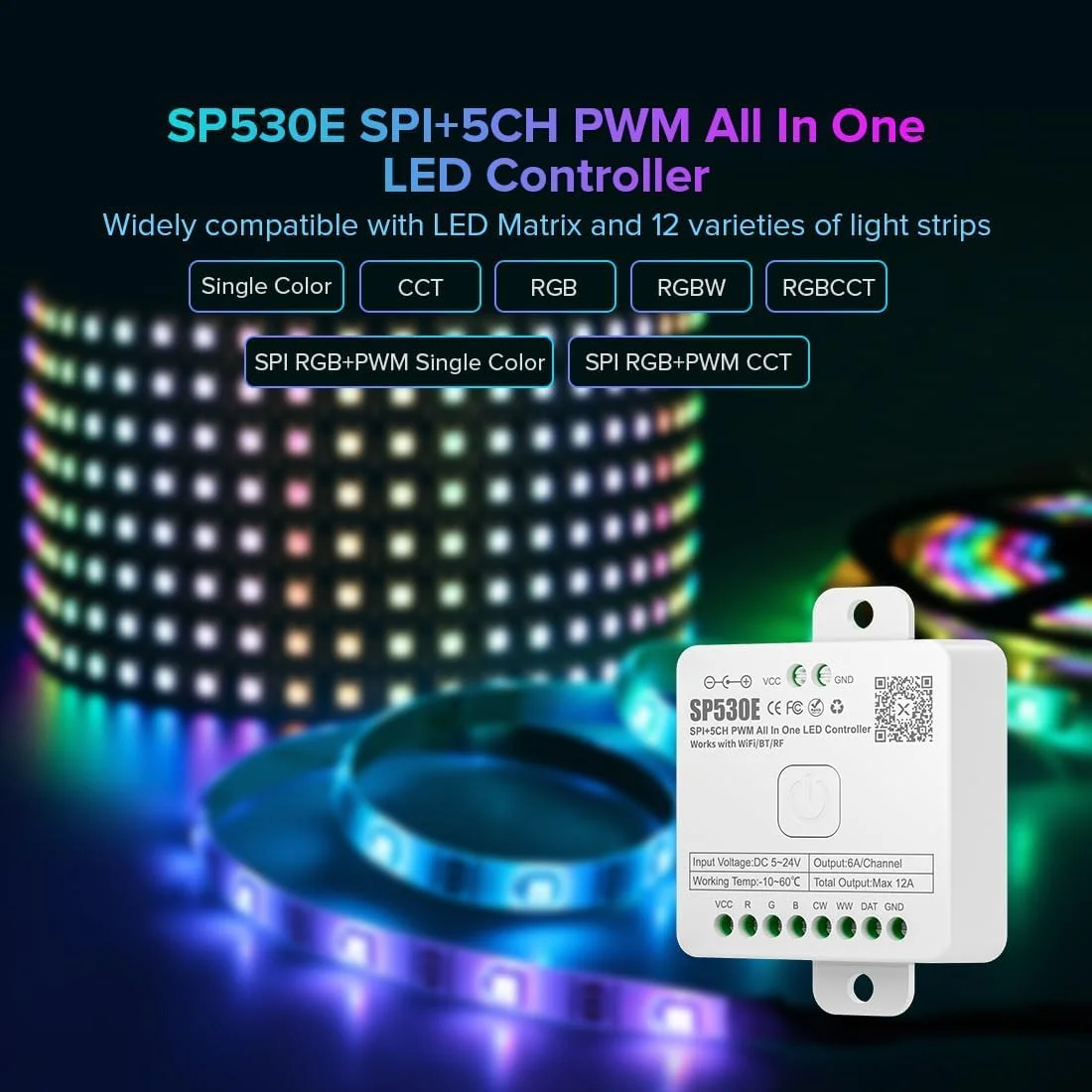 کنترلر LED وای فای الکسا بلوتوث Azonee SP530E پشتیبانی از PWM تک رنگ CCT RGB RGBW RGBCCT یا SPI TTL IC Chip نوار LED/ماتریس WS2811 WS2812B WS2813 WS2814 WS2815 SK6812 و غیره DC5V DC12V DC24V