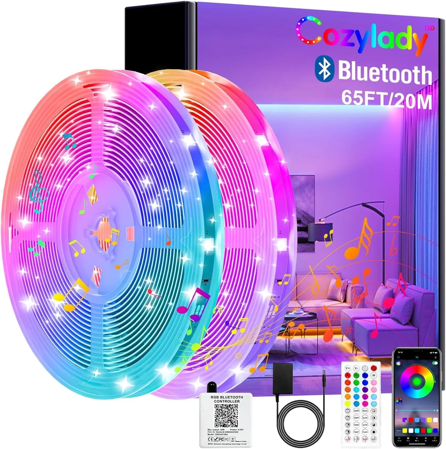 نوار چراغ LED بلوتوثی 20 متری Cozylady، نوارهای چراغ LED کنترل شده توسط برنامه تلفن هوشمند، نوار چراغ LED همگام سازی موسیقی برای دکوراسیون اتاق خواب، دکوراسیون اتاق، اتاق کودکان
