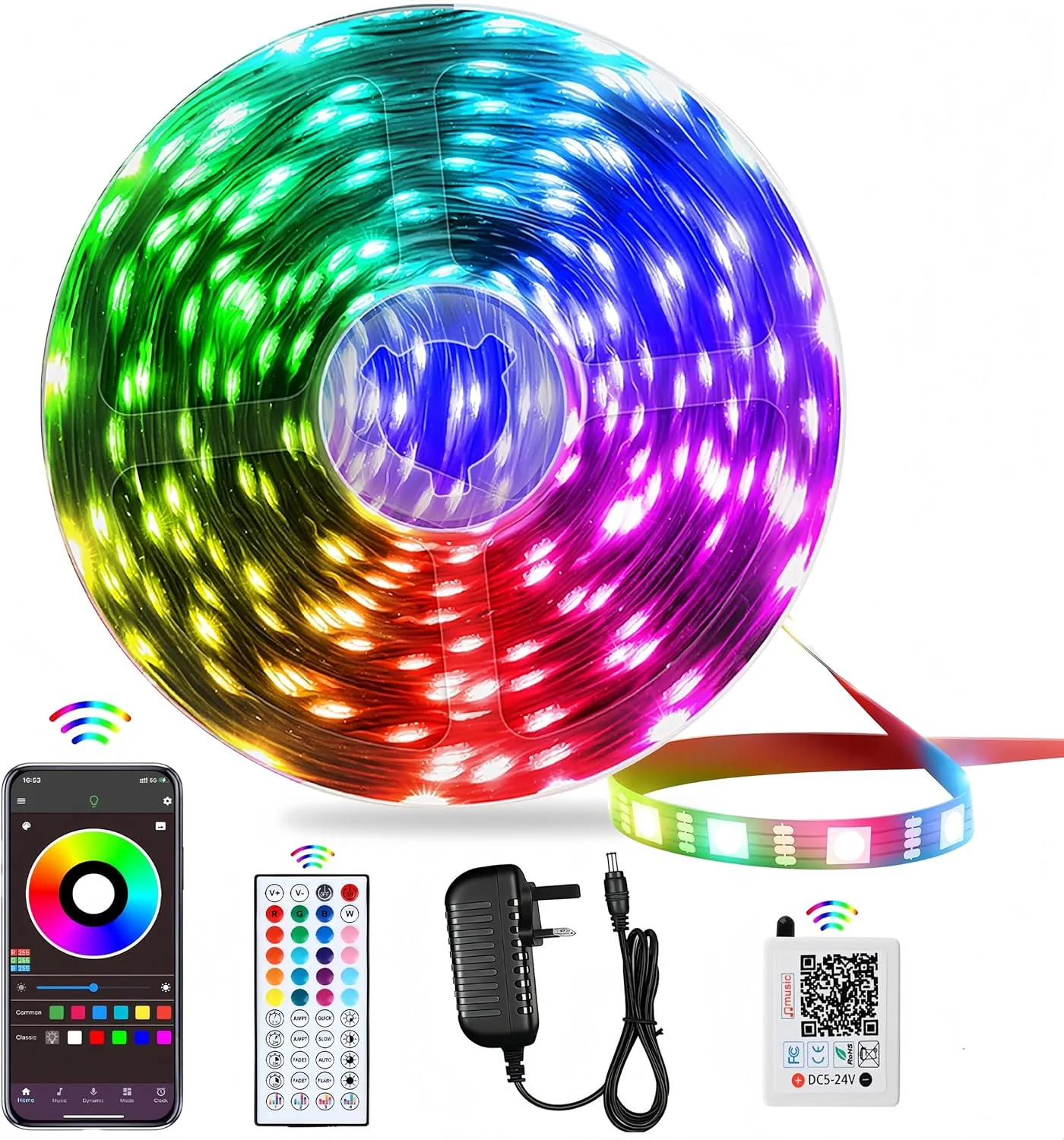 نوار چراغ LED هوشمند برای اتاق خواب، نوار چراغ های LED RGB 5 متری با ریموت کنترل IR 44 کلیدی، چراغ های LED با چسب پشتی، روشنایی قابل تنظیم، کنترل برنامه برای دکوراسیون مهمانی اتاق خواب