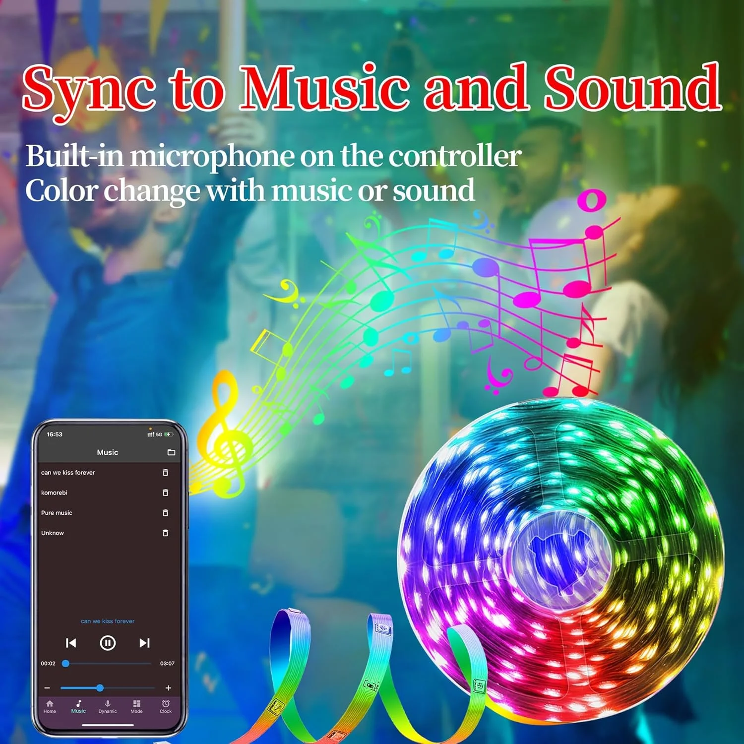 نوار چراغ LED هوشمند برای اتاق خواب، نوار چراغ های LED RGB 5 متری با ریموت کنترل IR 44 کلیدی، چراغ های LED با چسب پشتی، روشنایی قابل تنظیم، کنترل برنامه برای دکوراسیون مهمانی اتاق خواب