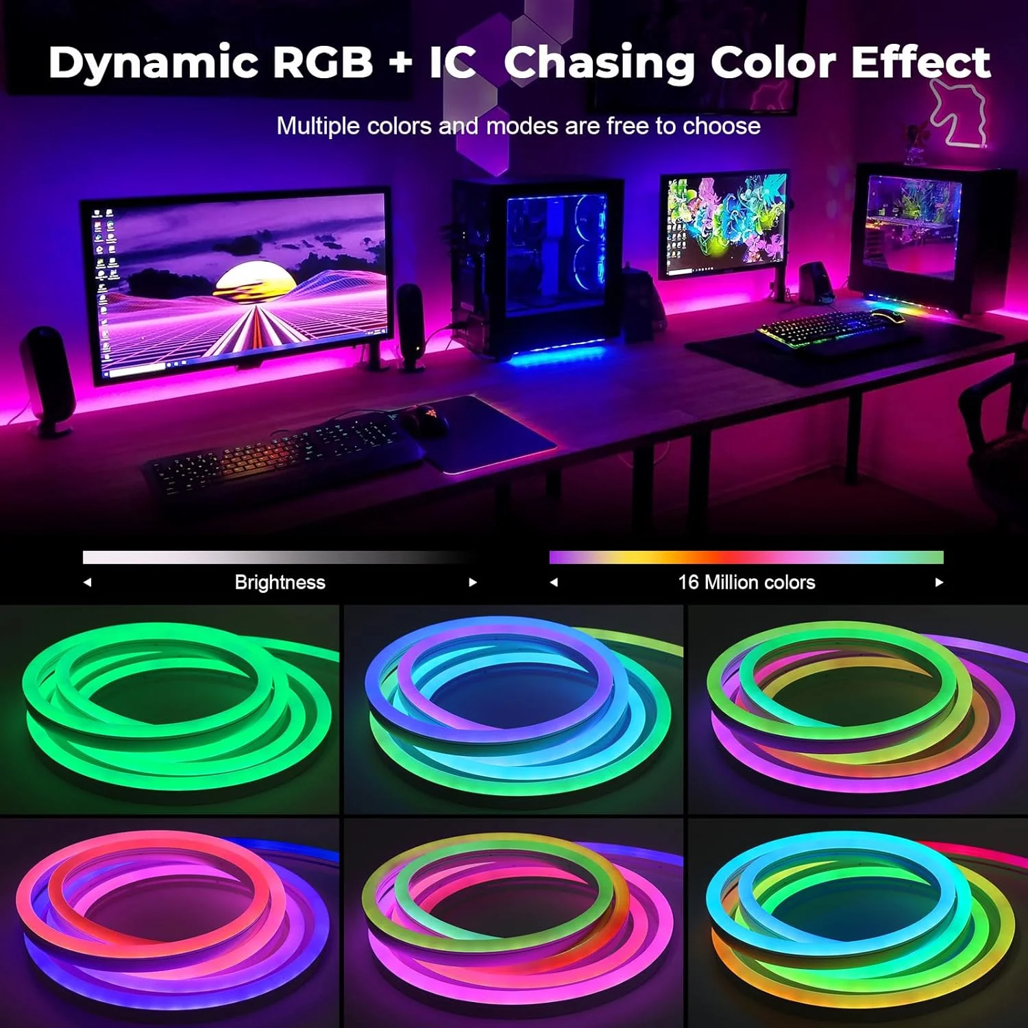 چراغ نواری نئون ال ای دی بلوتوثی 2 متری ضد آب LUXONIC، کیت چراغ نواری نئون انعطاف پذیر RGBIC با 168 ال ای دی 24 ولت، همگام سازی موسیقی، حالت های قابل تنظیم، تایمر با برنامه و کنترل از راه دور 24 کلیدی برای دکوراسیون منزل