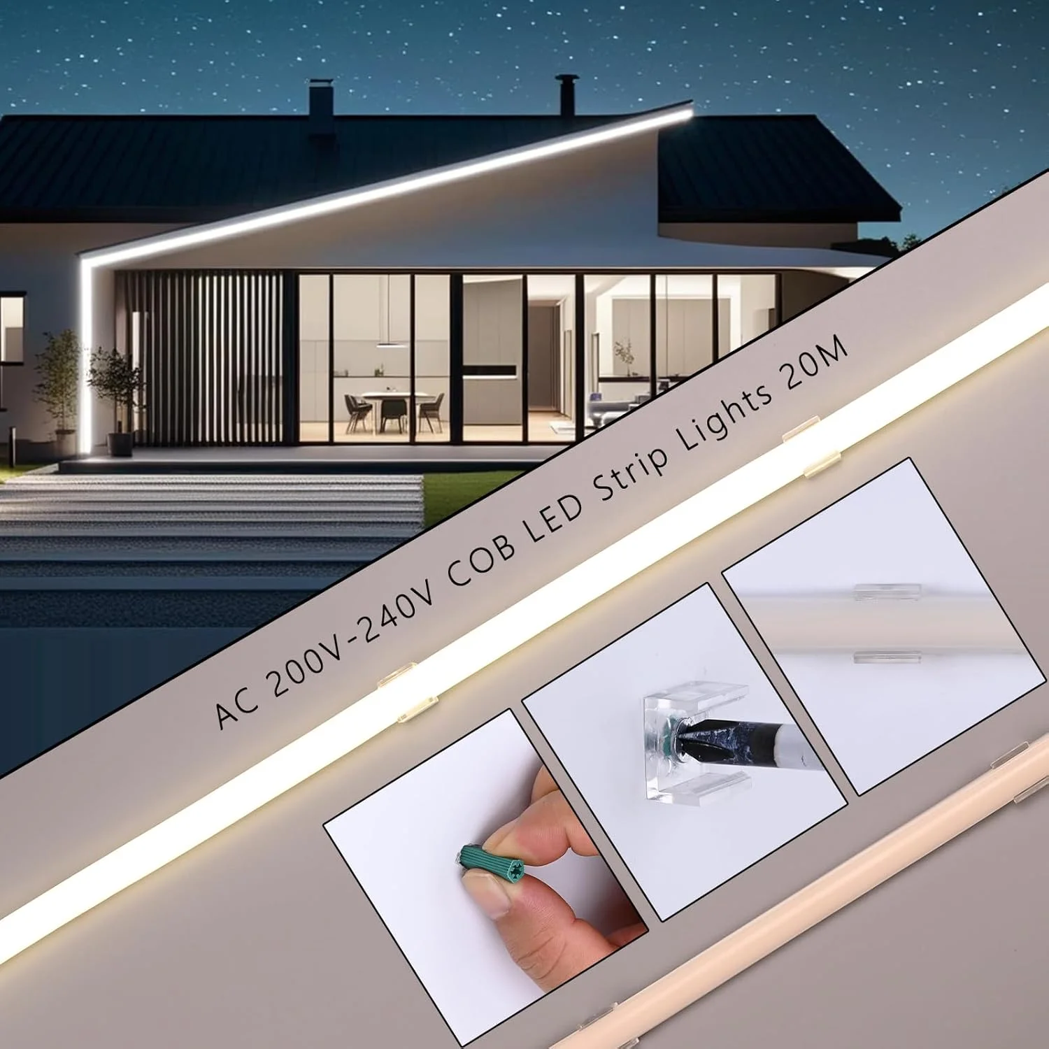 نوار ال ای دی COB بنلون 220 ولت، ضد آب مناسب فضای باز، 20 متر، 4000 کلوین سفید طبیعی، نوار ال ای دی انعطاف پذیر قابل برش 200 وات CRI 90+ بدون ترانسفورماتور، برای اتاق خواب، گیمینگ، دفتر، آلاچیق فضای باز