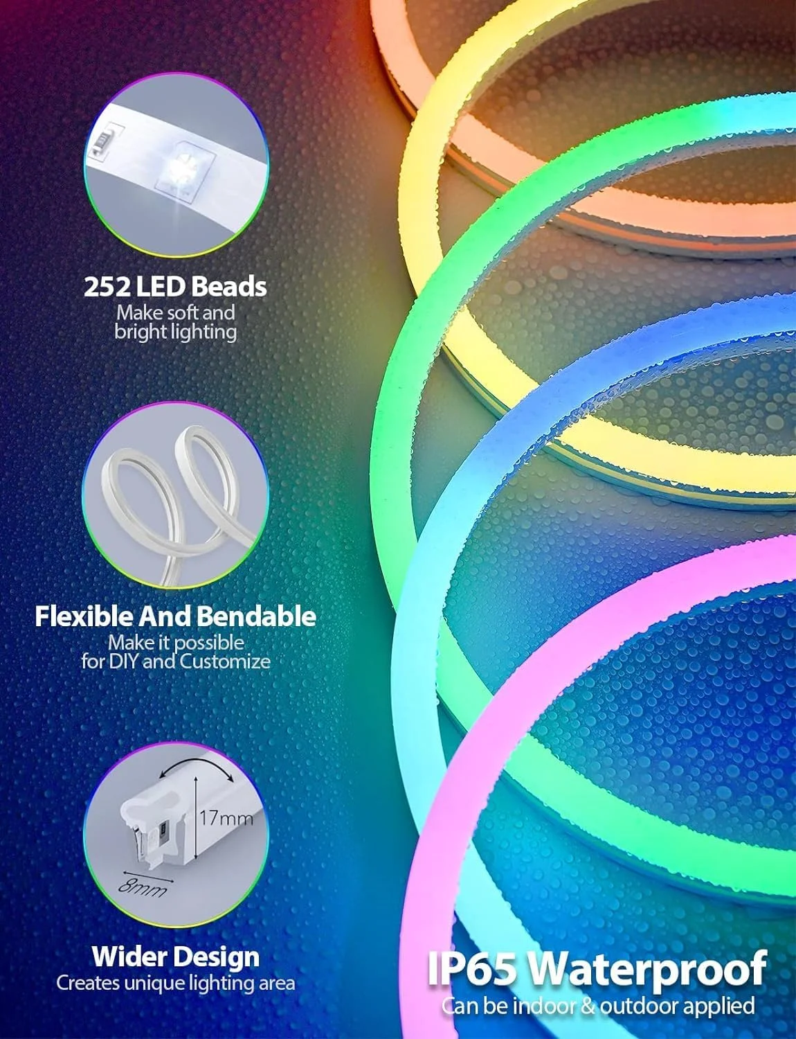 چراغ نواری نئون ال ای دی بلوتوثی 2 متری ضد آب LUXONIC، کیت چراغ نواری نئون انعطاف پذیر RGBIC با 168 ال ای دی 24 ولت، همگام سازی موسیقی، حالت های قابل تنظیم، تایمر با برنامه و کنترل از راه دور 24 کلیدی برای دکوراسیون منزل