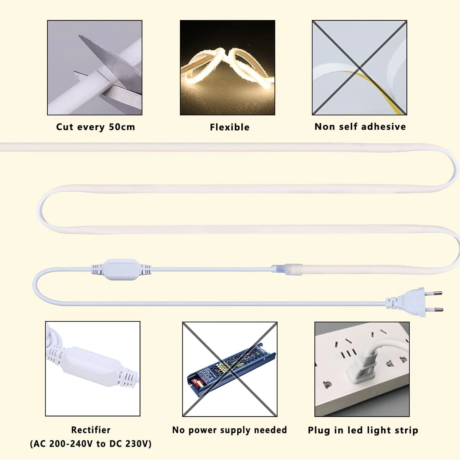 نوار ال ای دی COB بنلون 220 ولت، ضد آب مناسب فضای باز، 20 متر، 4000 کلوین سفید طبیعی، نوار ال ای دی انعطاف پذیر قابل برش 200 وات CRI 90+ بدون ترانسفورماتور، برای اتاق خواب، گیمینگ، دفتر، آلاچیق فضای باز