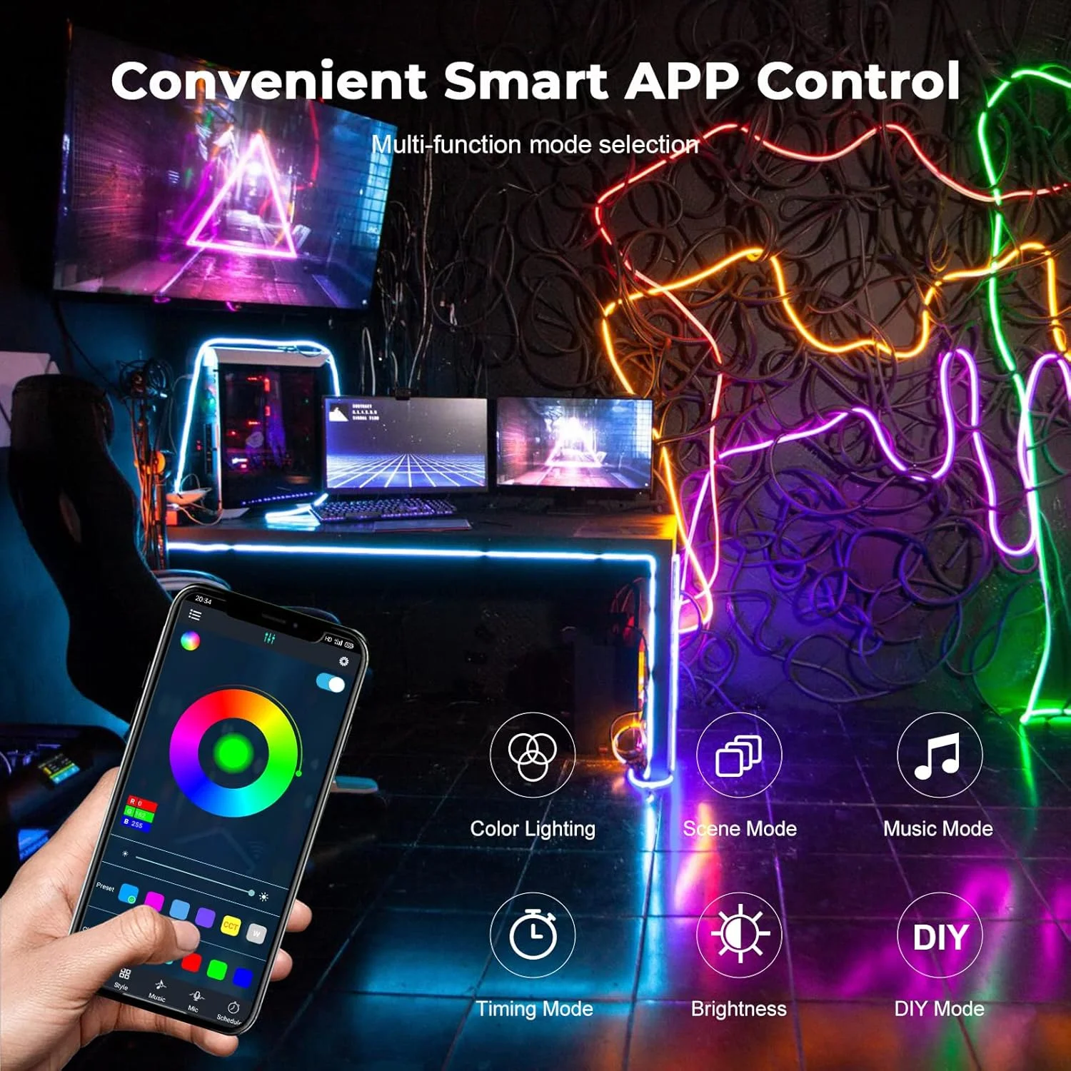 چراغ نواری نئون ال ای دی بلوتوثی 2 متری ضد آب LUXONIC، کیت چراغ نواری نئون انعطاف پذیر RGBIC با 168 ال ای دی 24 ولت، همگام سازی موسیقی، حالت های قابل تنظیم، تایمر با برنامه و کنترل از راه دور 24 کلیدی برای دکوراسیون منزل