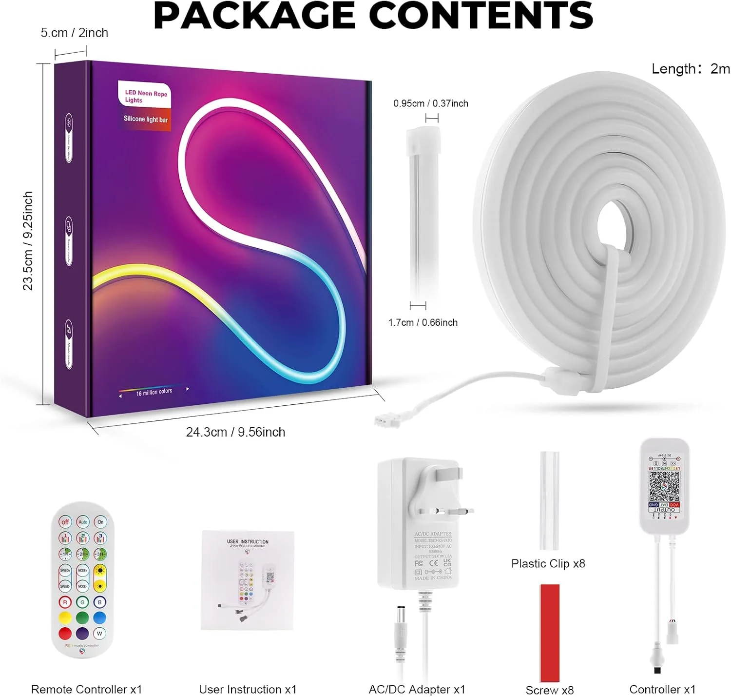 چراغ نواری نئون ال ای دی بلوتوثی 2 متری ضد آب LUXONIC، کیت چراغ نواری نئون انعطاف پذیر RGBIC با 168 ال ای دی 24 ولت، همگام سازی موسیقی، حالت های قابل تنظیم، تایمر با برنامه و کنترل از راه دور 24 کلیدی برای دکوراسیون منزل