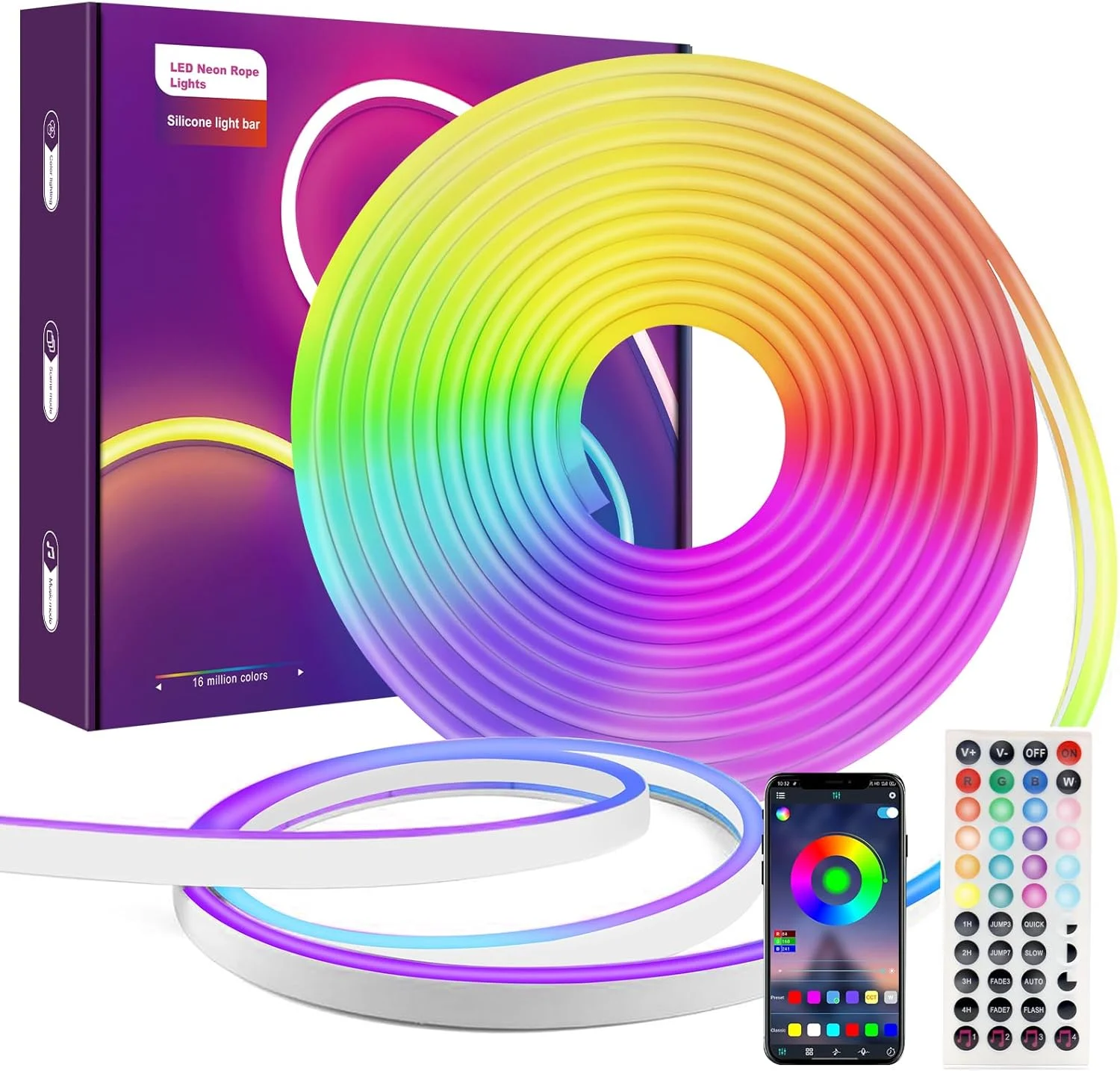 نوار نئون ال ای دی هوشمند 5 متری LUXONIC 24V RGB بلوتوثی، ضد آب، همگام سازی با موسیقی، حالت های قابل تنظیم، کار با اپلیکیشن و ریموت 44 کلیدی، لامپ برای اتاق خواب، اتاق نشیمن، اتاق بازی، دکور نور DIY