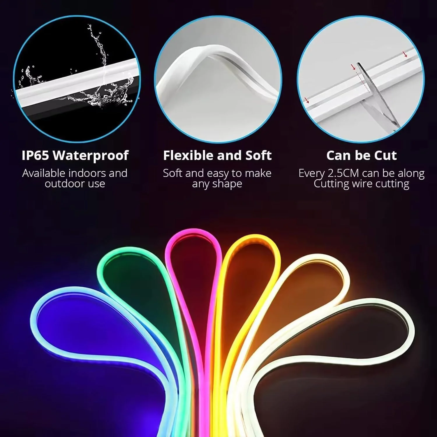 چراغ های نئون طنابی هوشمند Boolygo [2M/6.5Ft] - نوار LED ضد آب IP67 با کنترل از طریق برنامه/ریموت | همگام سازی موسیقی برای اتاق خواب/پاسیو/مهمانی (رنگی، 2 متر / 6.5 فوت)