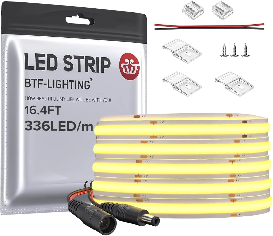 نوار ال ای دی FCOB COB BTF-LIGHTING، انعطاف پذیر، با تراکم بالا، نور یکنواخت، 8 وات بر متر، 5 متر، DC24V، سفید گرم 3000K، CRI 90+، عرض 8 میلی متر، نوار ال ای دی دیمر پذیر برای دکوراسیون داخلی (بدون آداپتور یا کنترلر)