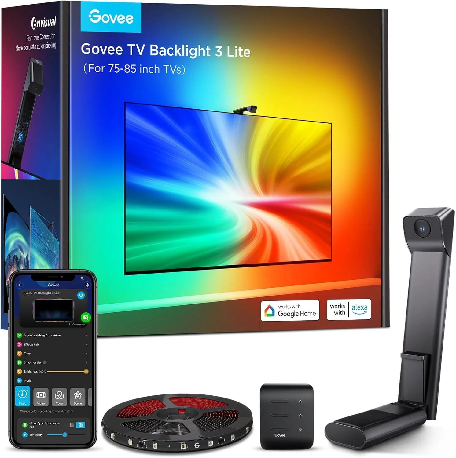 نور پس زمینه تلویزیون Govee TV Backlight 3 Lite با عملکرد اصلاح چشم ماهی، همگام سازی با تلویزیون های 75-85 اینچی، نور پس زمینه LED RGBICW Wi-Fi TV با دوربین، 4 رنگ در 1 مهره لامپ، کنترل صدا و برنامه، آداپتور