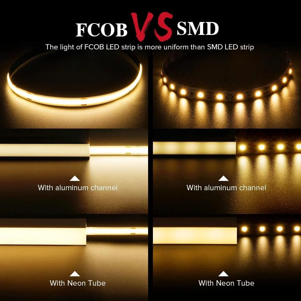 نوار ال ای دی FCOB COB BTF-LIGHTING، انعطاف پذیر، با تراکم بالا، نور یکنواخت، 8 وات بر متر، 5 متر، DC24V، سفید گرم 3000K، CRI 90+، عرض 8 میلی متر، نوار ال ای دی دیمر پذیر برای دکوراسیون داخلی (بدون آداپتور یا کنترلر)