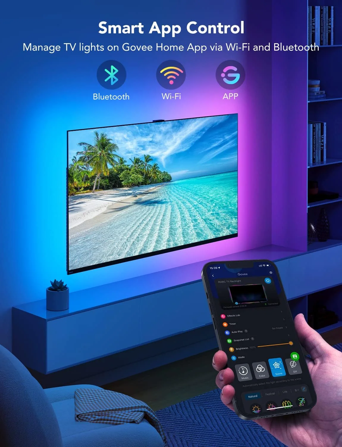نور پس زمینه LED تلویزیون Govee، نوارهای LED هوشمند RGBIC برای تلویزیون های 55-65 اینچی، کنترل برنامه بلوتوث و Wi-Fi، سازگار با الکسا و دستیار گوگل، همگام سازی موسیقی، 99+ حالت صحنه، آداپتور نور پس زمینه LED تلویزیون Govee، نوارهای LED هوشمند RGBIC برای تلویزیون های 55-65 اینچی، کنترل برنامه بلوتوث و Wi-Fi، سازگار با الکسا و دستیار گوگل، همگام سازی موسیقی، 99+ حالت صحنه، آداپتور