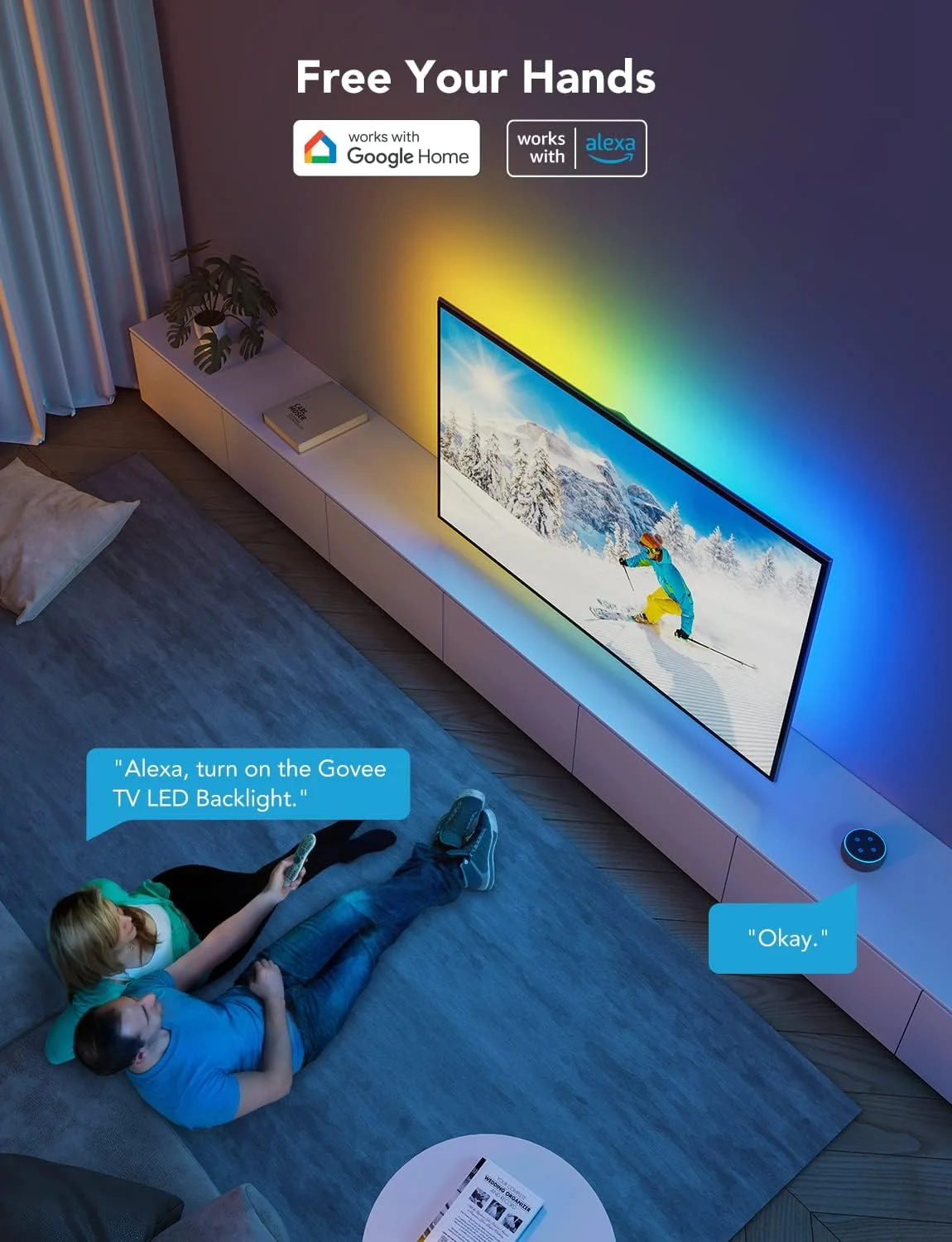 نور پس زمینه LED تلویزیون Govee، نوارهای LED هوشمند RGBIC برای تلویزیون های 55-65 اینچی، کنترل برنامه بلوتوث و Wi-Fi، سازگار با الکسا و دستیار گوگل، همگام سازی موسیقی، 99+ حالت صحنه، آداپتور نور پس زمینه LED تلویزیون Govee، نوارهای LED هوشمند RGBIC برای تلویزیون های 55-65 اینچی، کنترل برنامه بلوتوث و Wi-Fi، سازگار با الکسا و دستیار گوگل، همگام سازی موسیقی، 99+ حالت صحنه، آداپتور