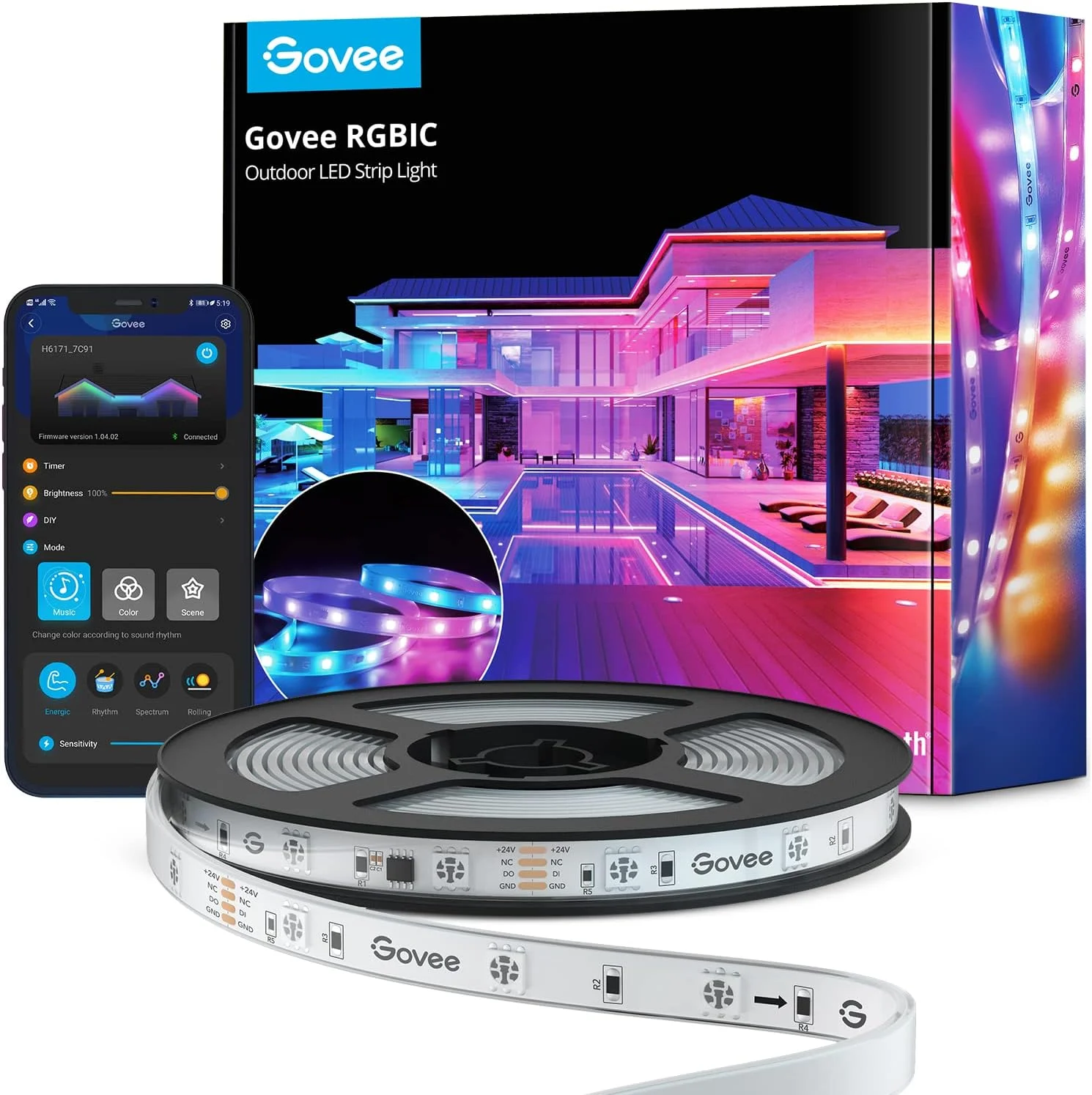 چراغ های نواری LED بیرونی Govee، چراغ های هوشمند LED بیرونی 10 متری، کنترل برنامه بلوتوث، چراغ های LED ضد آب IP65، چراغ های تغییر رنگ RGBIC برای تزئینات بیرونی، مهمانی، پاسیو، لبه بام