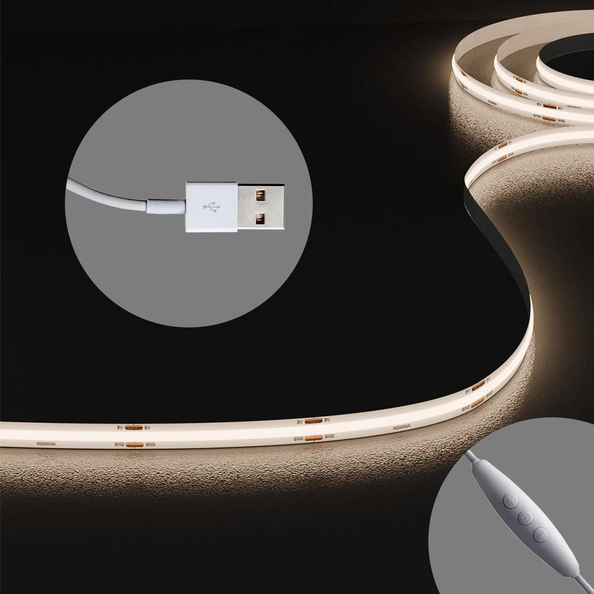 چراغ نواری ال ای دی COB هومینا با دیمر حافظه دار 3 کلیدی، USB 2 متری/6.6 فوت فوق العاده روشن 4000K، چراغ های نواری ال ای دی با CRI 90+، چراغ های طنابی برای اتاق خواب، کابینت، نور پس زمینه تلویزیون آشپزخانه