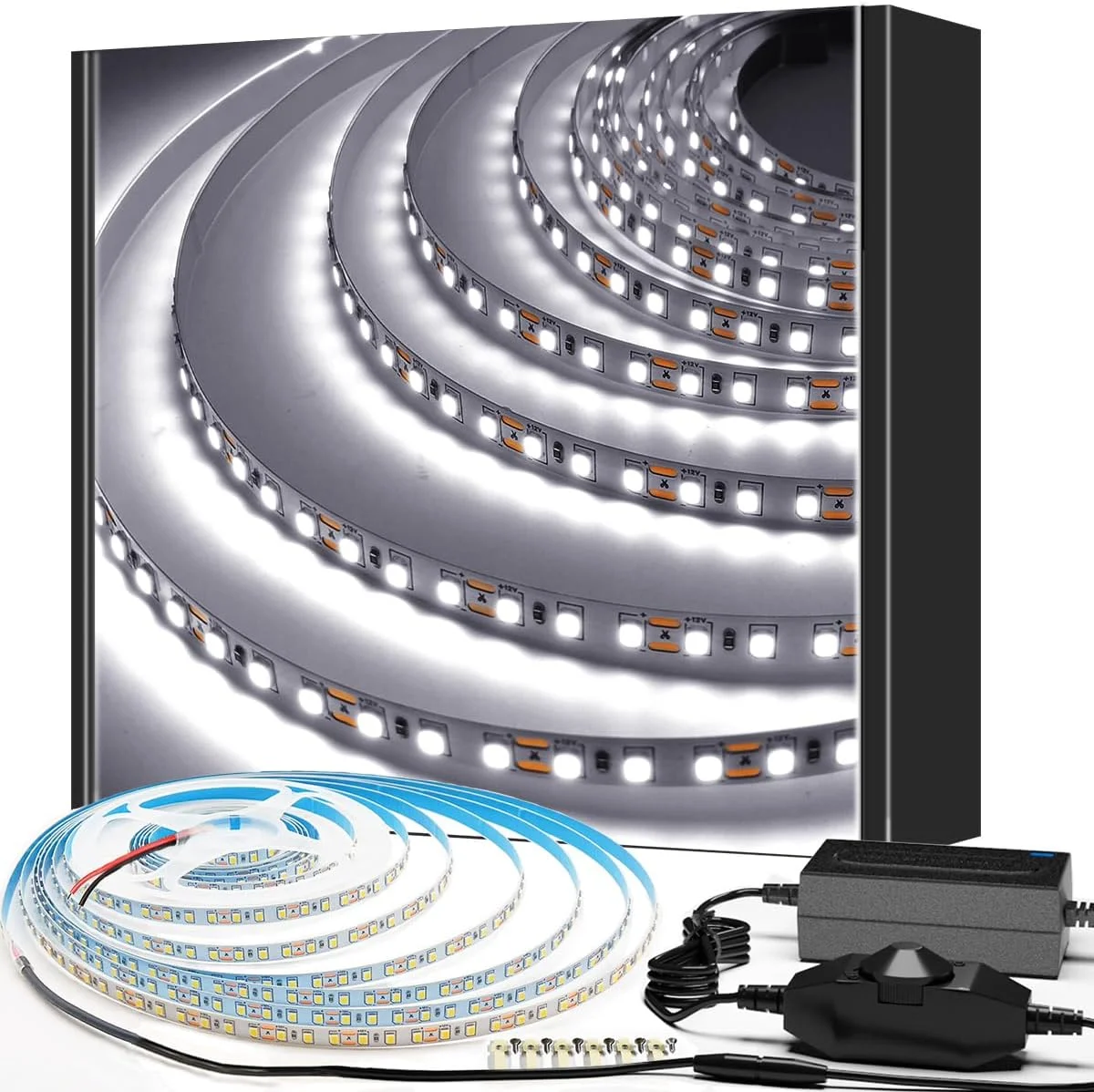 نوار چراغ LED هومینا، 5 متر 600 LED، نوار چراغ LED 24 وات، نور سفید روز روشن 6000K، نور نوار قابل تنظیم برای استفاده در فضای داخلی (شامل آداپتور و دیمر)