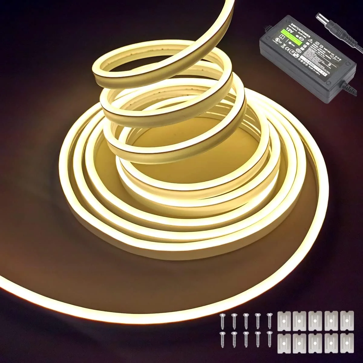 نور نئون سفید گرم Kalakila به طول 5 متر (16.4 فوت)، نوار LED نئون انعطاف پذیر 12 ولت ضد آب برای دکوراسیون اتاق خواب و فضای باز (همراه با آداپتور برق)