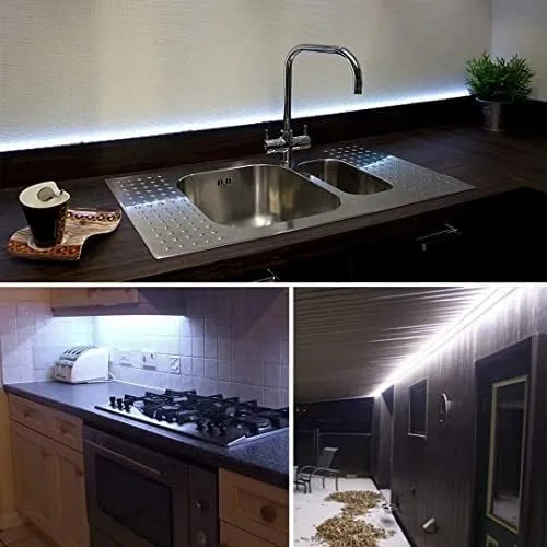 نوار نور ال ای دی سفید سرد iNextStation، 5 متر 12 ولت 6500K SMD5050 300LED ضد آب IP65 قابل برش نوار نور ال ای دی انعطاف پذیر برای دکوراسیون آینه کابینت آشپزخانه (بدون منبع تغذیه/پلاگین)