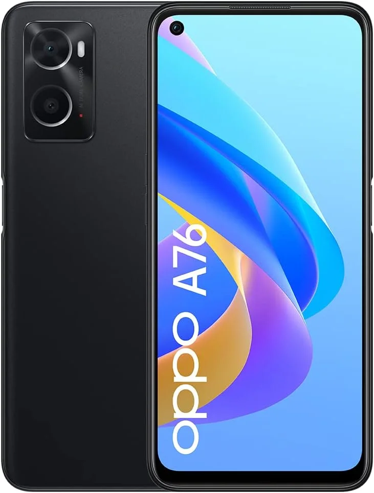 گوشی هوشمند OPPO A76، Qualcomm Snapdragon 680، صفحه نمایش 90 هرتز، دوربین پشتی 13 مگاپیکسل + 2 مگاپیکسل، دوربین جلویی 8 مگاپیکسل، رم 4 گیگابایت + رام 128 گیگابایت، 5000 میلی آمپر ساعت 33 وات Supervooc، (نسخه انگلستان)، مشکی، 6.56 اینچ