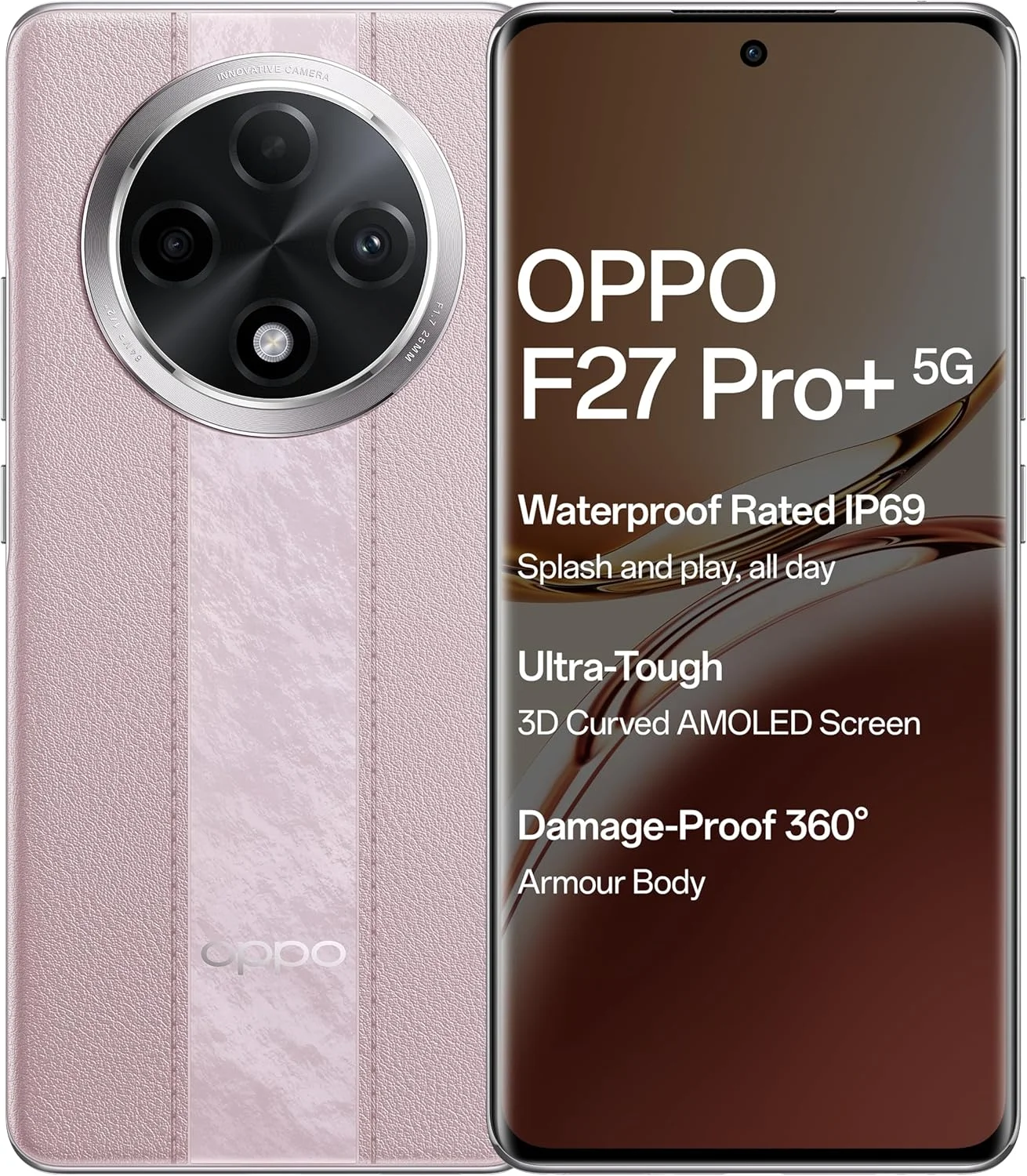 گوشی موبایل اوپو F27 Pro+ 5G (صورتی گرگ و میش، 8 گیگابایت رم، 256 گیگابایت حافظه داخلی) | صفحه نمایش 6.7 اینچی FHD+ AMOLED منحنی سه بعدی مقاوم | دوربین 64 مگاپیکسلی با هوش مصنوعی | IP69 | شارژ سریع 67 واتی SUPERVOOC | با EMI بدون بهره / پیشنهادات تعویض اضافی