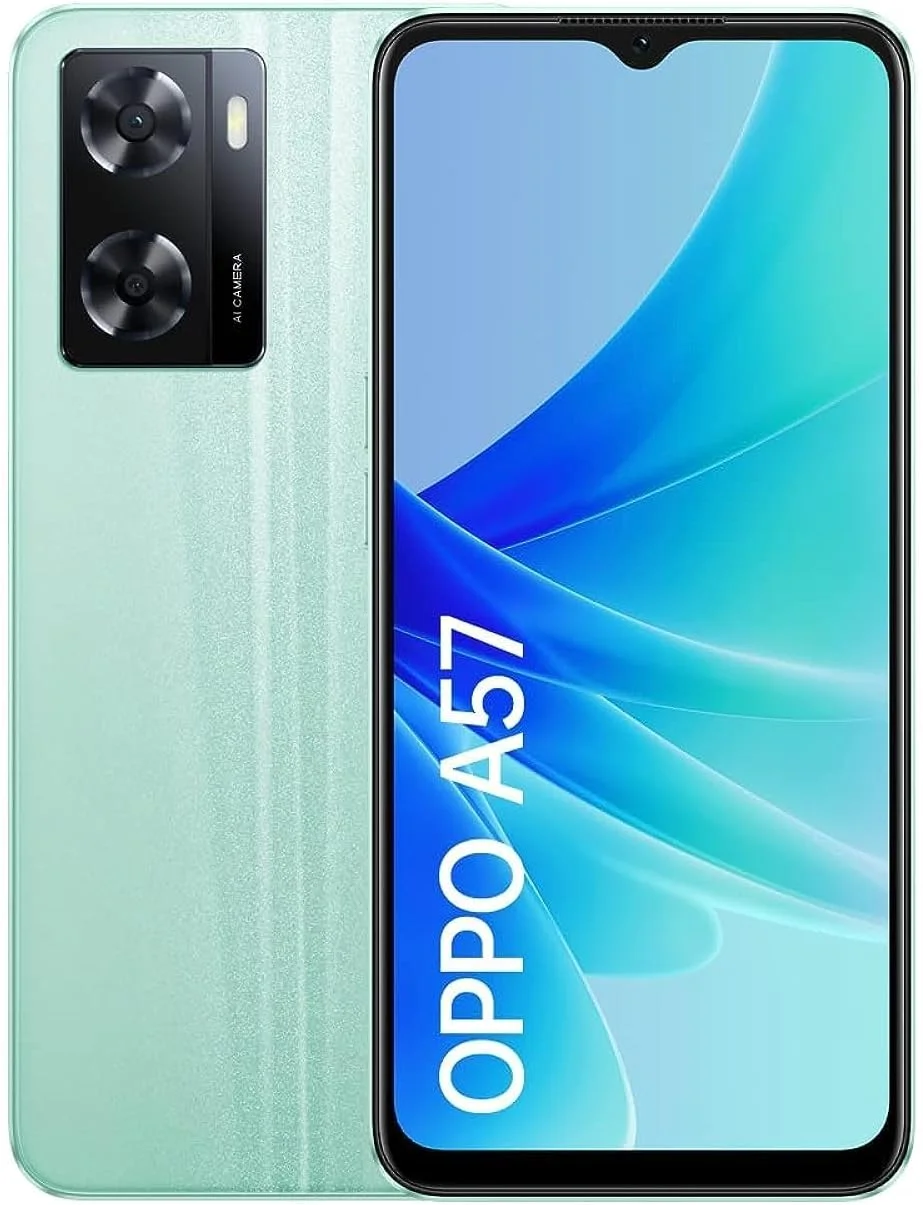 گوشی هوشمند OPPO A57، MediaTek MT6765، صفحه نمایش 6.56 اینچی HD+ 60 هرتز، دوربین دوگانه پشتی 50 مگاپیکسل + 13 مگاپیکسل، دوربین جلویی 8 مگاپیکسل، رم 4 گیگابایت + رام 64 گیگابایت با قابلیت افزایش رم، 5000 میلی آمپر ساعت 33 وات Supervooc، IPX4، سبز درخشان