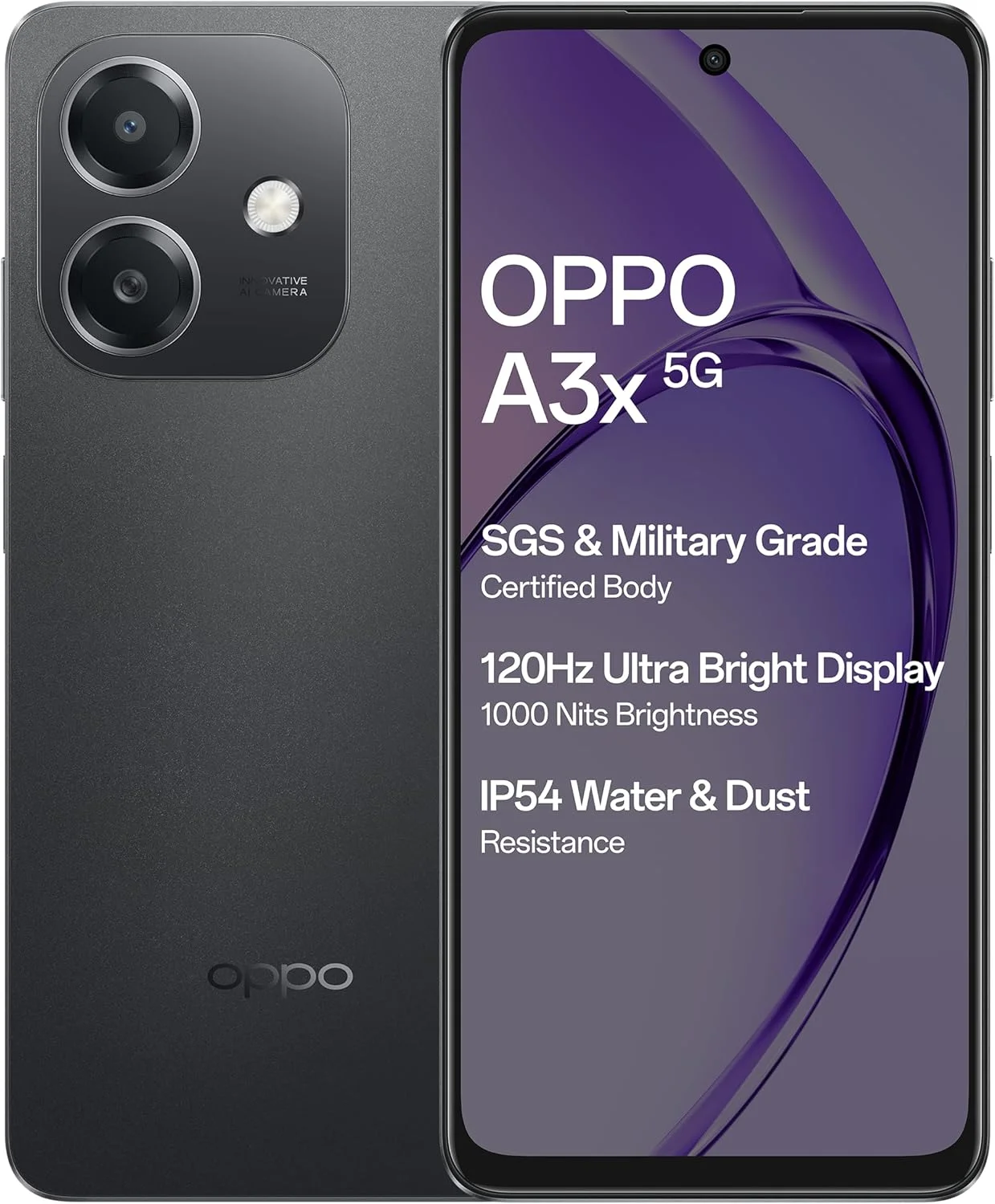 اوپو A3X 5G (مشکی براق، 4 گیگابایت رم، 64 گیگابایت حافظه)|صفحه نمایش 6.67 اینچی HD+ با نرخ تازه سازی 120 هرتز | شارژ سریع 45 واتی SUPERVOOC|با EMI بدون بهره/پیشنهادات تعویض اضافی