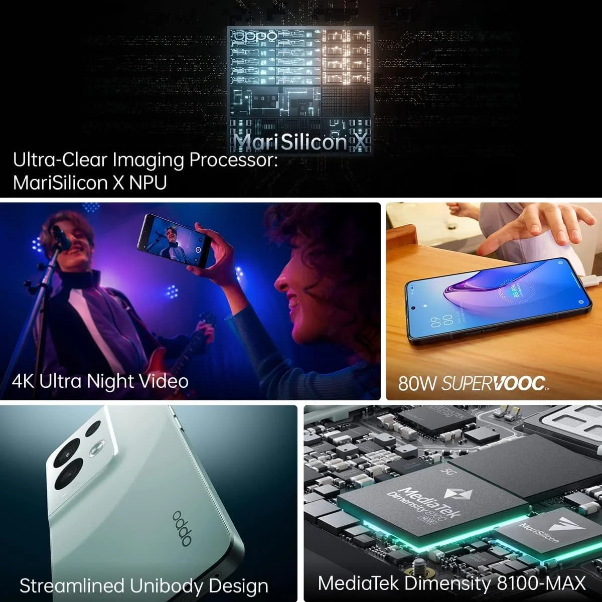 گوشی هوشمند اوپو Reno8 Pro، MediaTek Dimensity 8100-MAX 5G، صفحه نمایش 6.7 اینچی 120 هرتز AMOLED، دوربین پشتی 50 مگاپیکسل + 8 مگاپیکسل + 2 مگاپیکسل، دوربین جلویی 32 مگاپیکسل، رم 8 گیگابایت + رام 256 گیگابایت، باتری 4500 میلی آمپر ساعتی 80 واتی Supervooc، مشکی براق