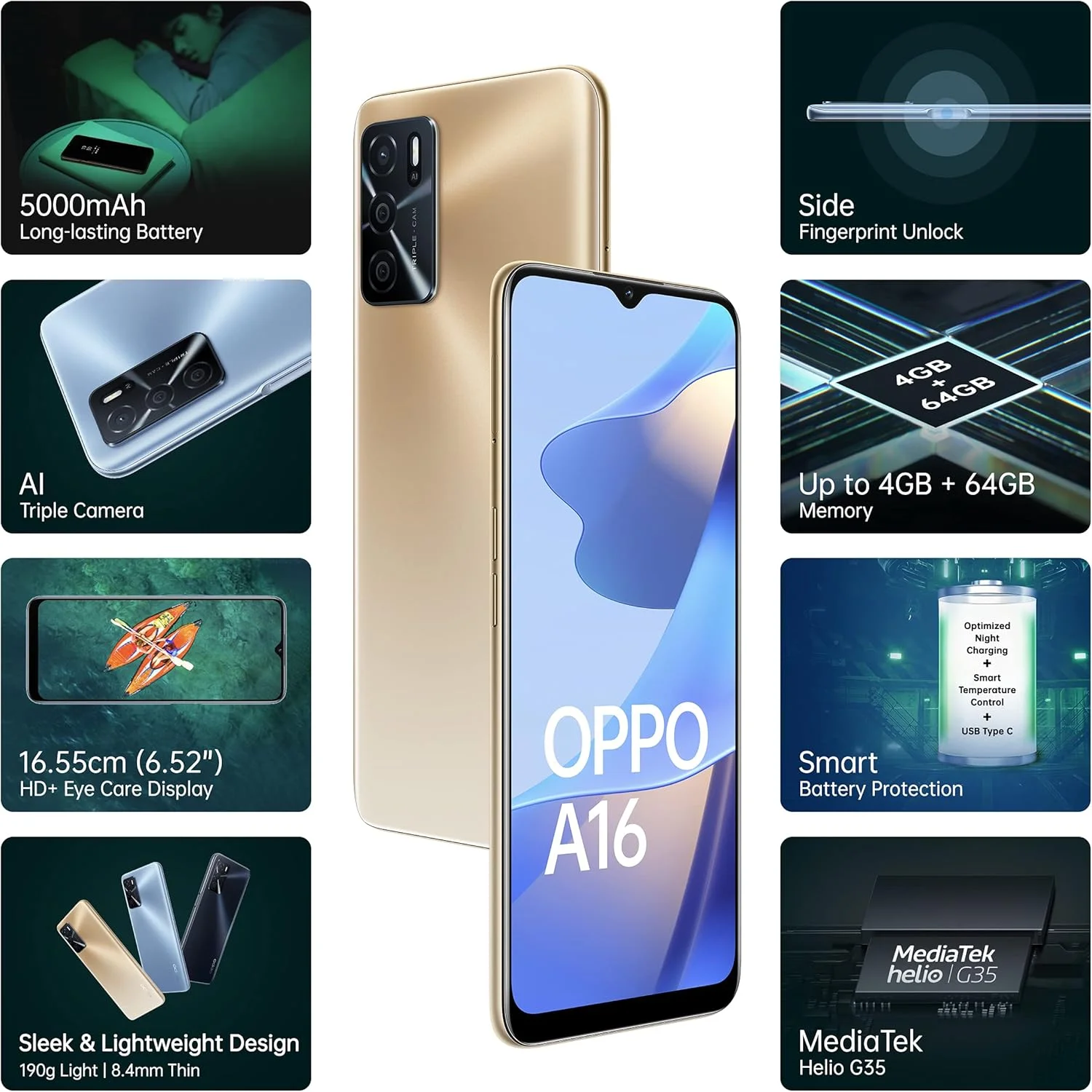 گوشی موبایل دو سیم کارت اوپو A16 با حافظه داخلی 64 گیگابایت و رم 4 گیگابایت (فقط GSM | بدون CDMA) نسخه بین المللی، آنلاک شده کارخانه ای 4G/LTE (طلایی)