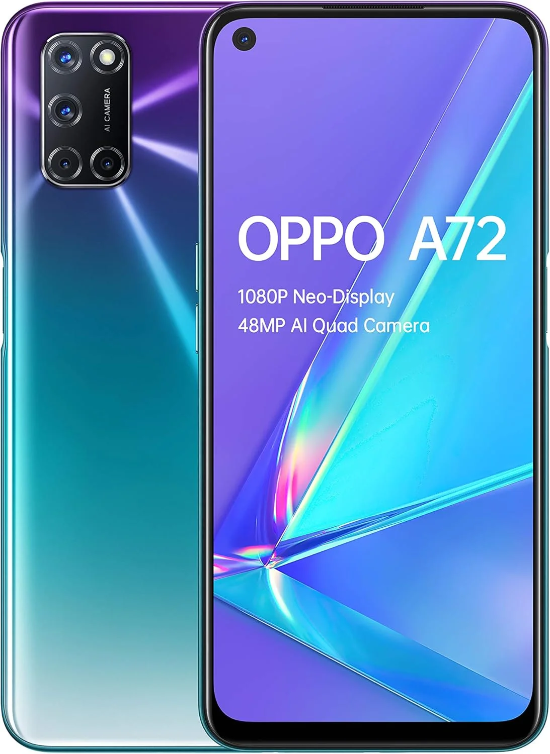 گوشی موبایل اوپو A72 - رم 4 گیگابایت + حافظه 128 گیگابایت، پلتفرم موبایل Qualcomm® Snapdragon™ 665، صفحه نمایش 6.5 اینچی، باتری 5000 میلی آمپر، دو سیم کارت، دوربین 48 مگاپیکسل، بدون سیم کارت، اندروید 10 - بنفش شفق قطبی