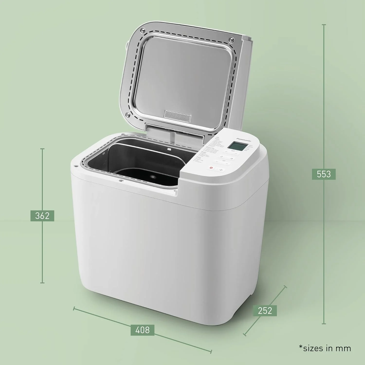 نان ساز اتوماتیک پاناسونیک مدل SD-B2510، دارای 21 برنامه، 4 حالت بدون گلوتن، سنسورهای دمای دوگانه، تایمر دیجیتال 13 ساعته، سفید