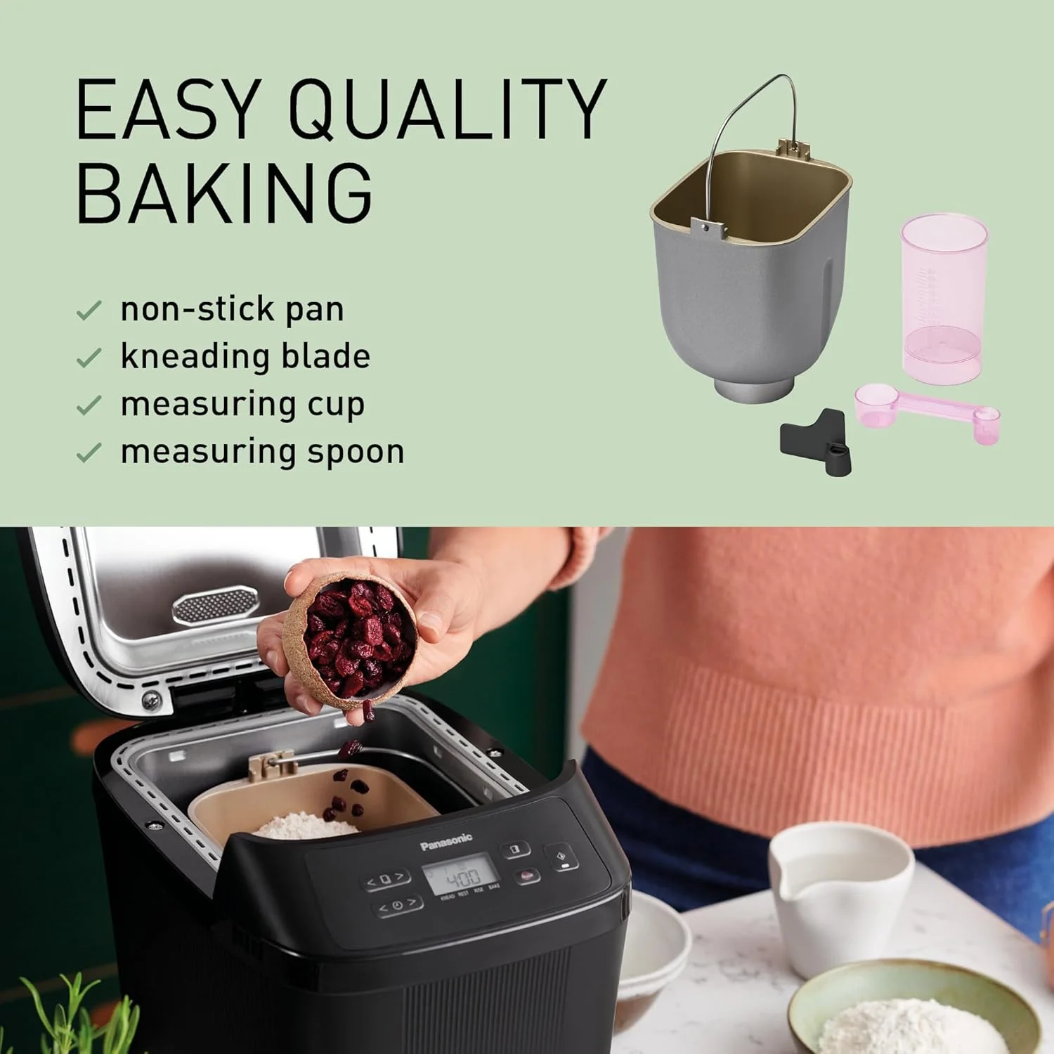 نان ساز کوچک اتوماتیک پاناسونیک مدل SD-PN100KXE مناسب خانواده های کوچک، دارای 4 برنامه بدون گلوتن، طراحی جمع و جور، 18 برنامه اتوماتیک، نمایشگر LCD، مشکی، پلاستیک، 400 گرم