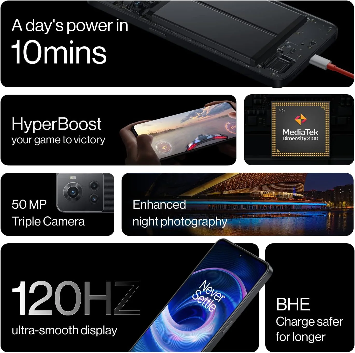 وان پلاس 10R 5G (مشکی سیرا، 8 گیگابایت رم، 128 گیگابایت حافظه، سوپر VOOC 80 واتی)