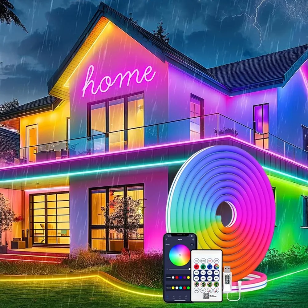 نوار نئون RGB مودی لایف، 5 متری - تغذیه از طریق USB، همگام سازی با موسیقی، کنترل از راه دور/برنامه، 8+ حالت رنگی، تنظیمات تایمر، طراحی فوق العاده باریک برای تلویزیون، کامپیوتر، دکور اتاق