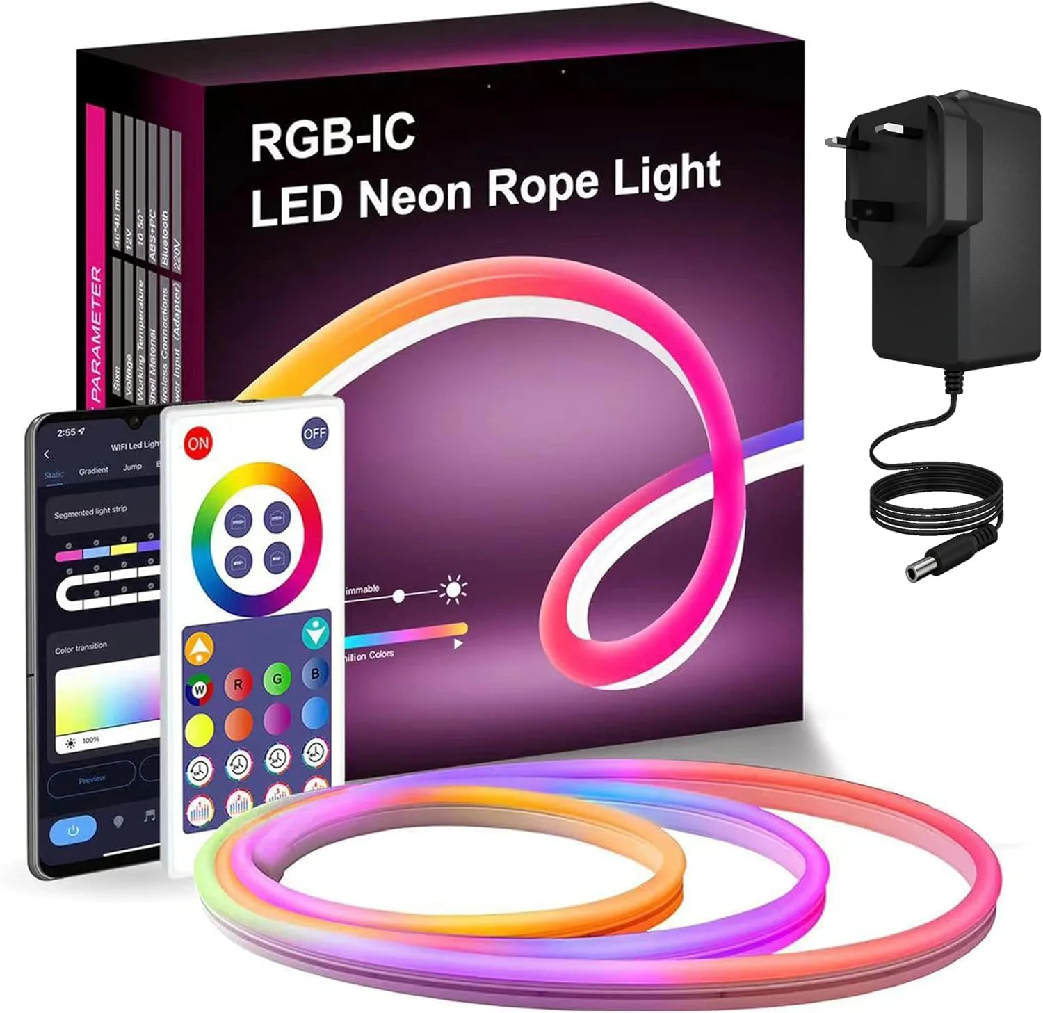 نوار نئون RGB-IC نالاکال با قابلیت همگام سازی موسیقی از طریق وای فای، چراغ های طنابی LED DIY با کنترل از راه دور، کنترل برنامه Tuya Smart Life، ضد آب IP68، سازگار با الکسا و دستیار گوگل (3 متر)
